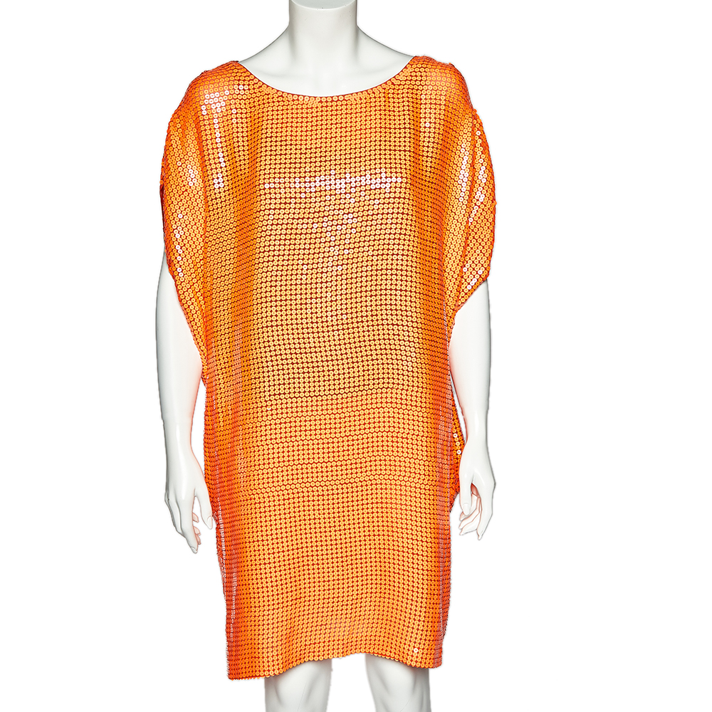 Diane Von Furstenberg Neon Orange Sequin Embellished Silk Kei Tunic L