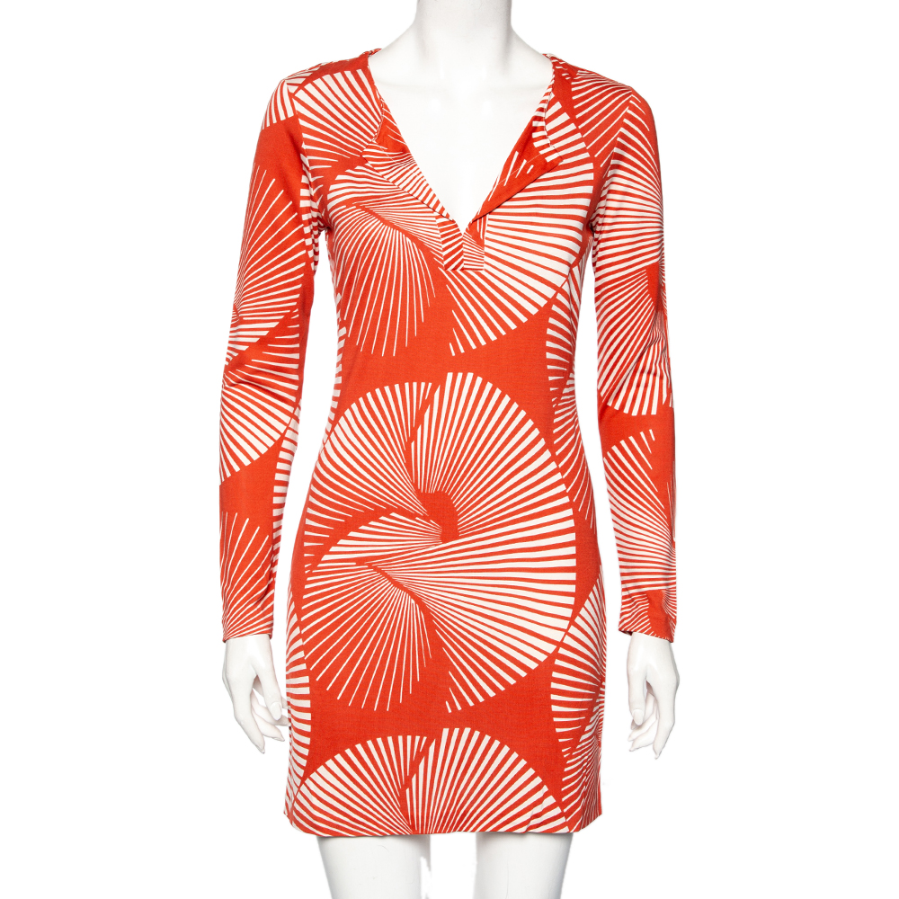 Diane Von Furstenberg Dull Orange Printed Silk Reina Long Sleeve Dress S