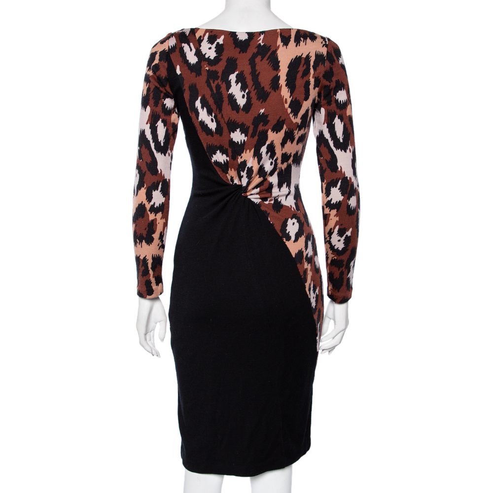 Diane Von Furstenberg Black & Brown Leopard Printed Wool Masankay Dress S