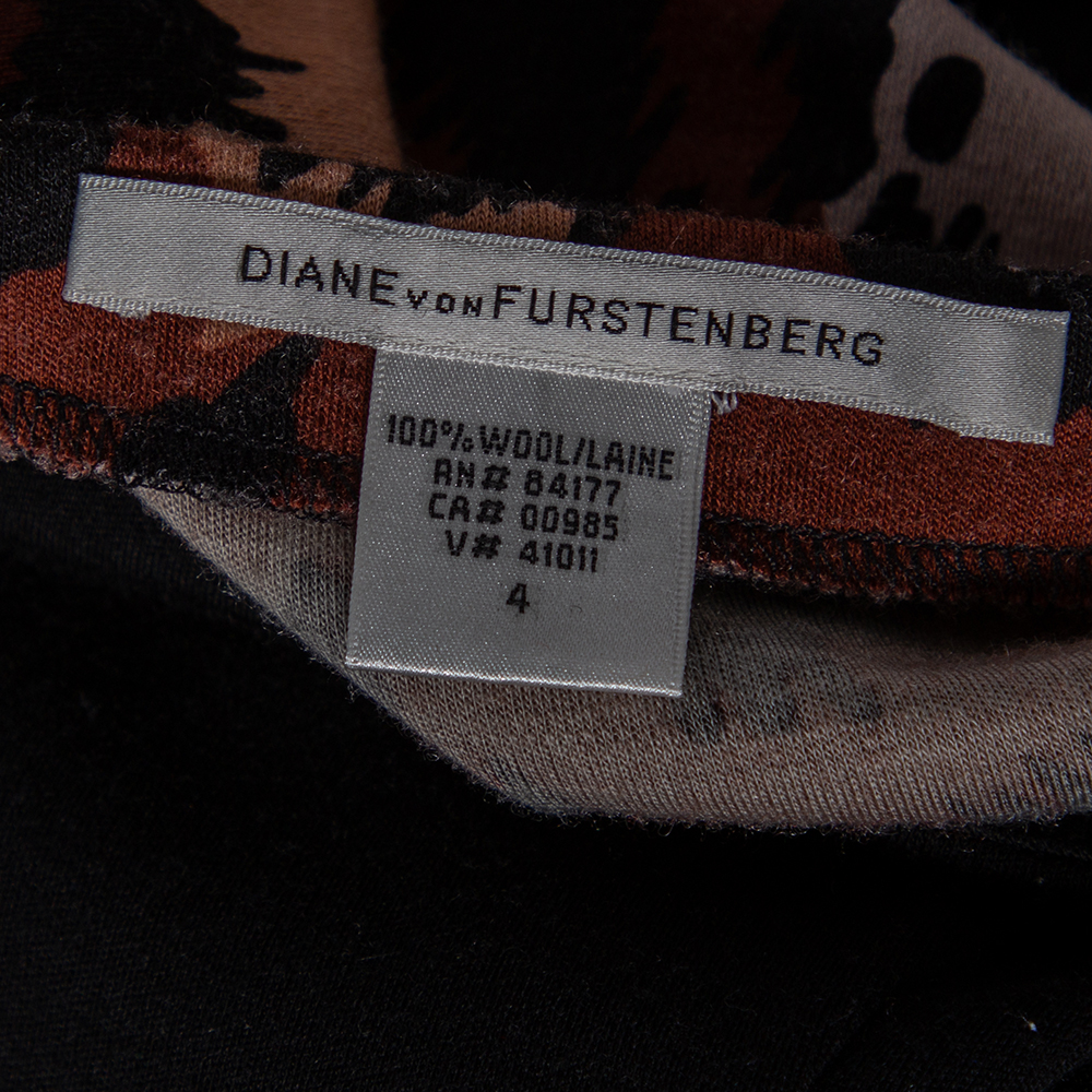 Diane Von Furstenberg Black & Brown Leopard Printed Wool Masankay Dress S