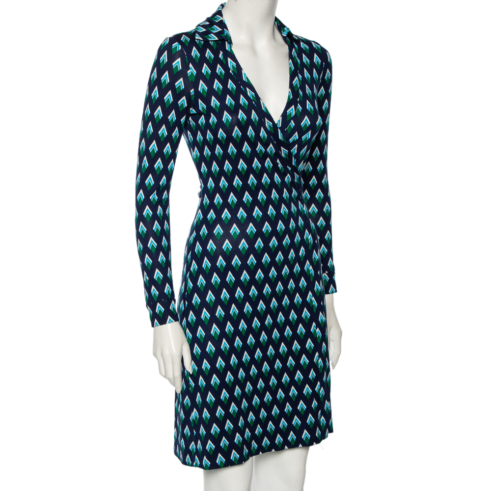 

Diane von Furstenberg Navy Blue Diamond Patterned Silk Knit Wrap Dress