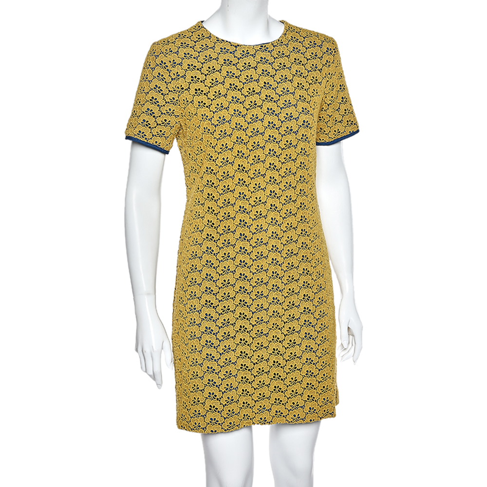 Diane Von Furstenberg Yellow Lace Contrast Lined Shift Dress M