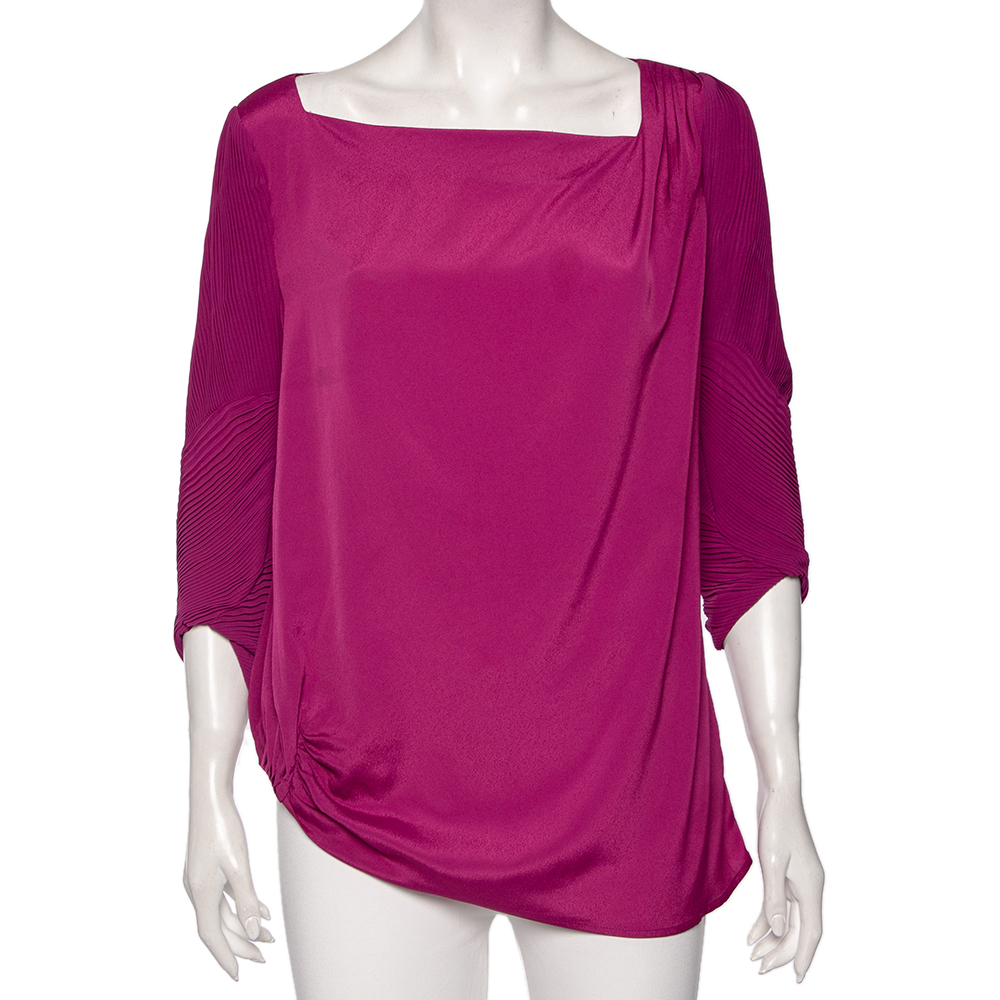 Diane Von Furstenberg Purple Crepe Pleated Sleeve Detail Cebolla Blouse L