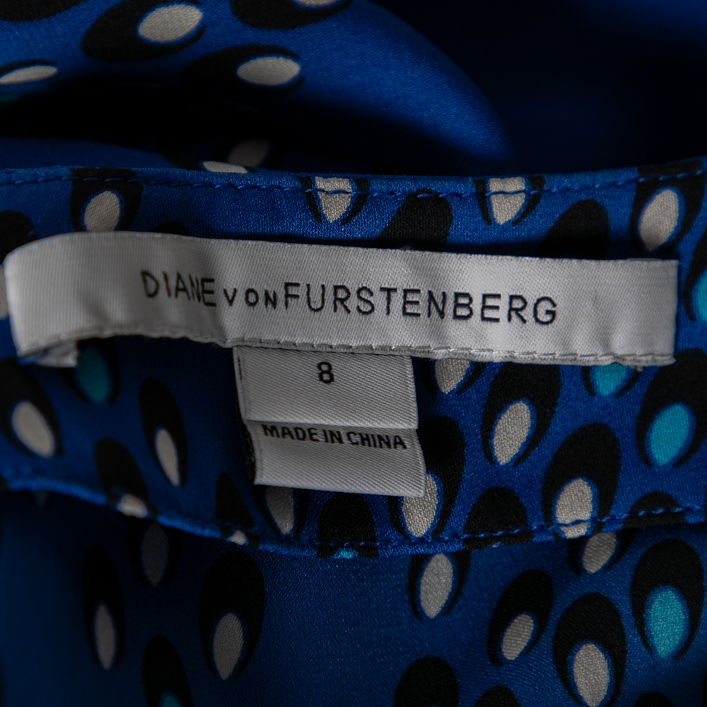 Diane Von Furstenberg Blue Silk Maggy Chevron Dots Printed Top M