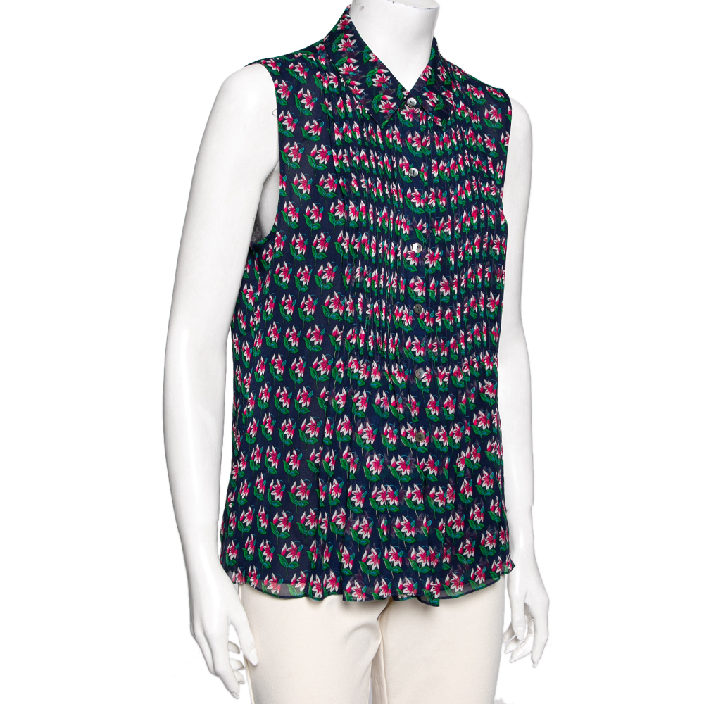 Diane Von Furstenberg Blue Floral Printed Pleated Front Sleeveless Top L