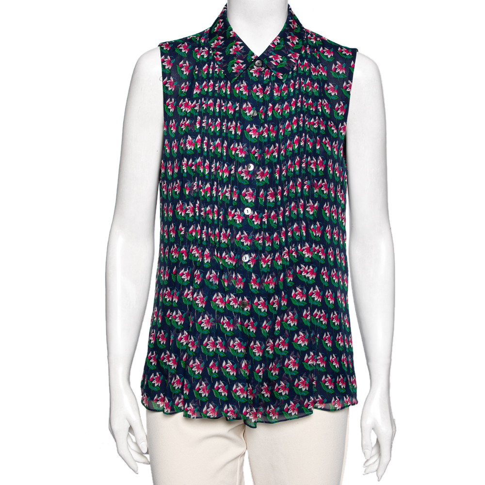 Diane Von Furstenberg Blue Floral Printed Pleated Front Sleeveless Top L