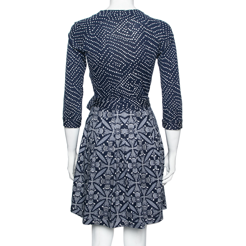 Diane Von Furstenberg Blue & White Printed Cotton Jewel Wrap Dress S