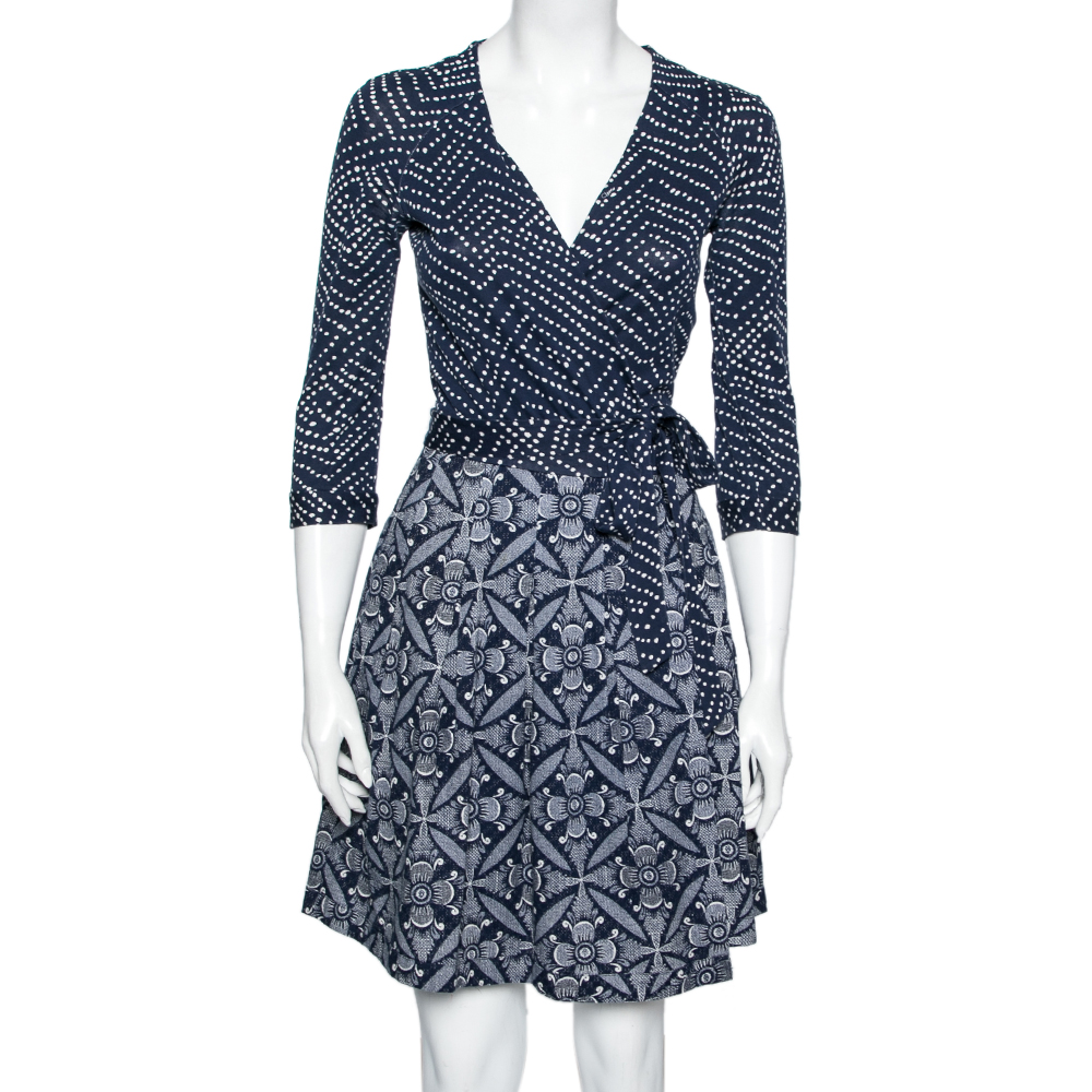 Diane Von Furstenberg Blue & White Printed Cotton Jewel Wrap Dress S