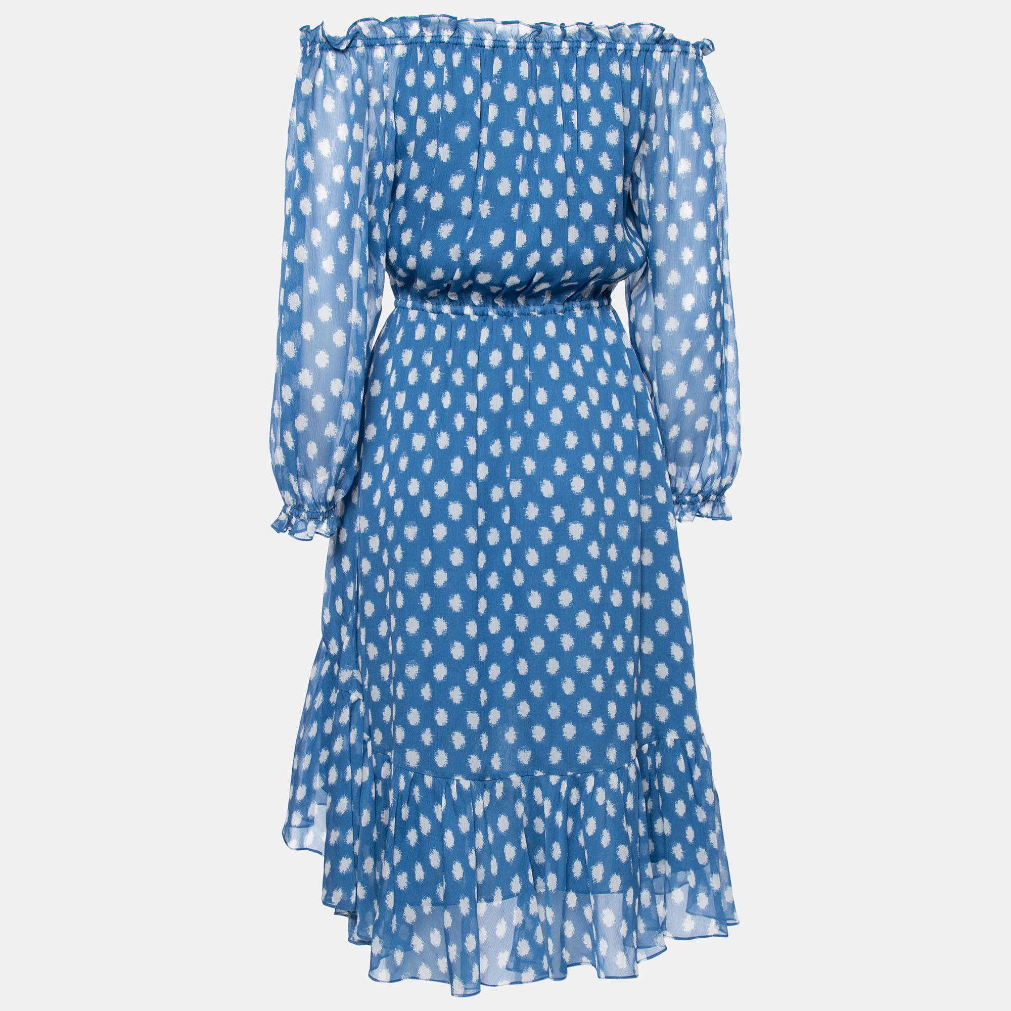

Diane Von Furstenberg Blue and White Camila Polka Dot Silk Off Shoulder Midi Dress