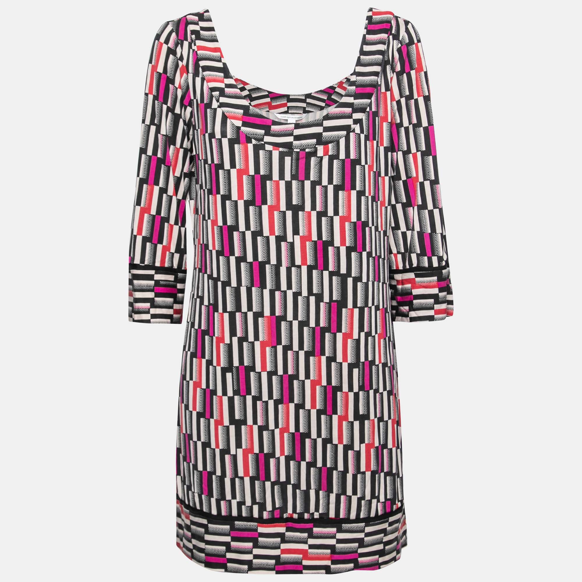 Diane von Furstenberg Multicolor Printed Silk Long Sleeve Dress XL