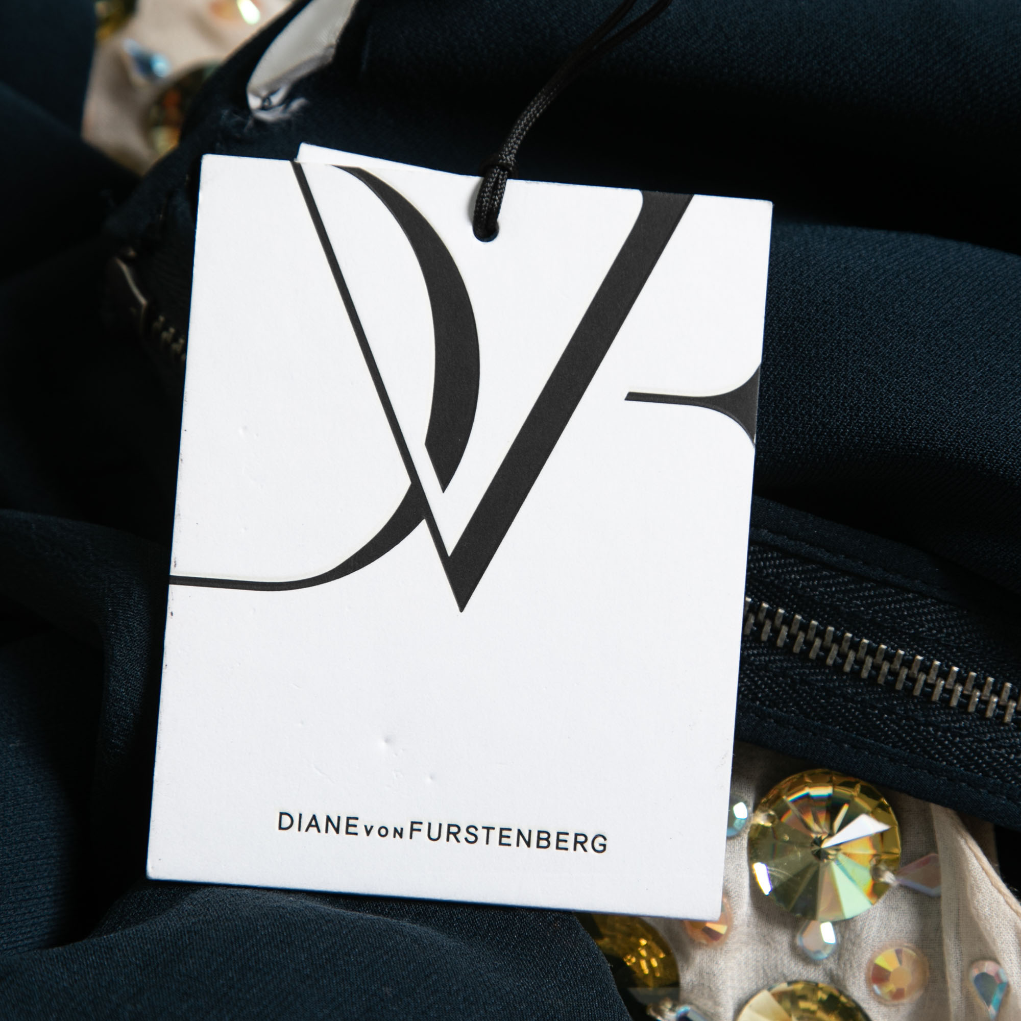 Diane Von Furstenberg Navy Blue Silk Rounded Crystal Embellished Gidget Top M