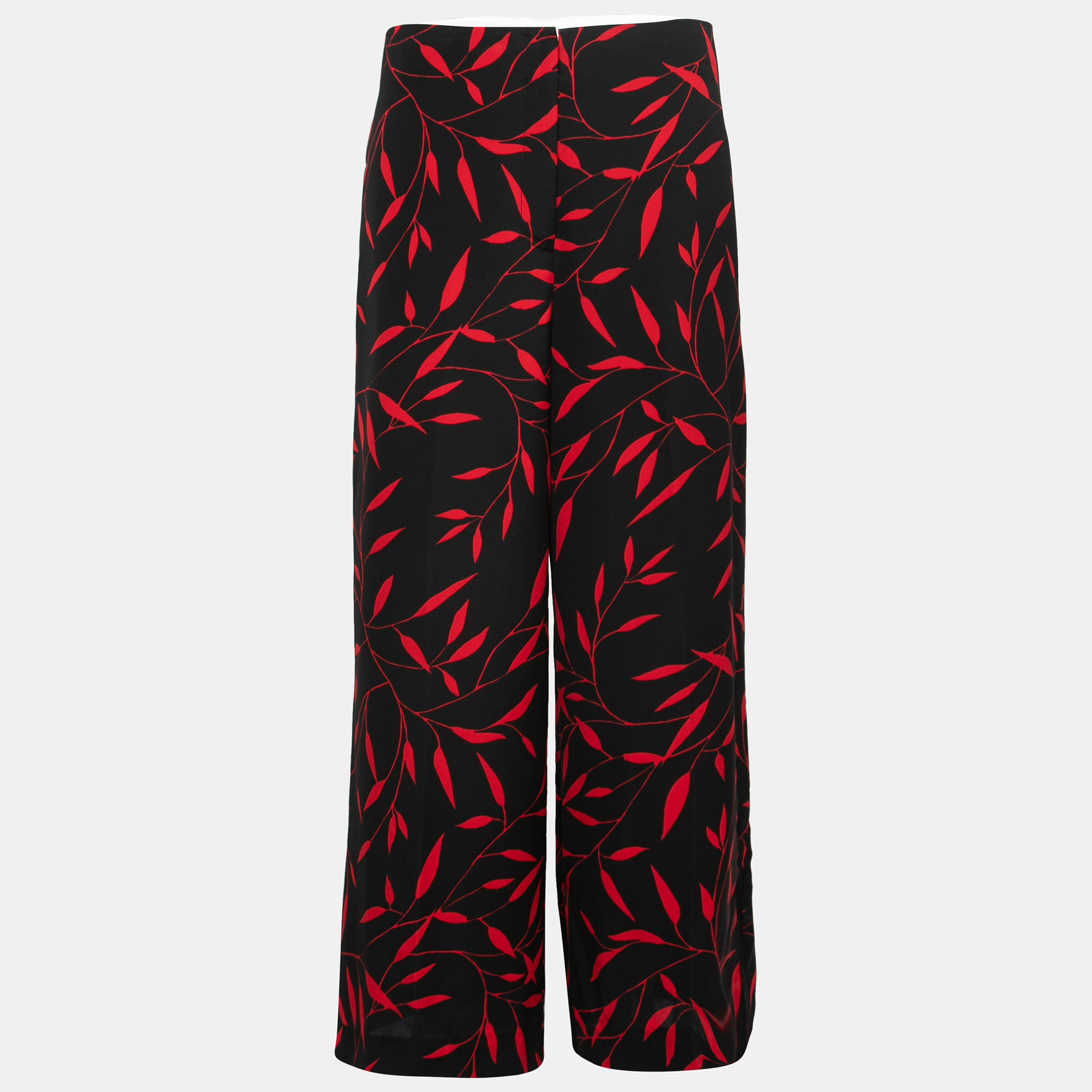 Diane Von Furstenberg Black & Red Printed Stretch Crepe Wide Leg Trousers M