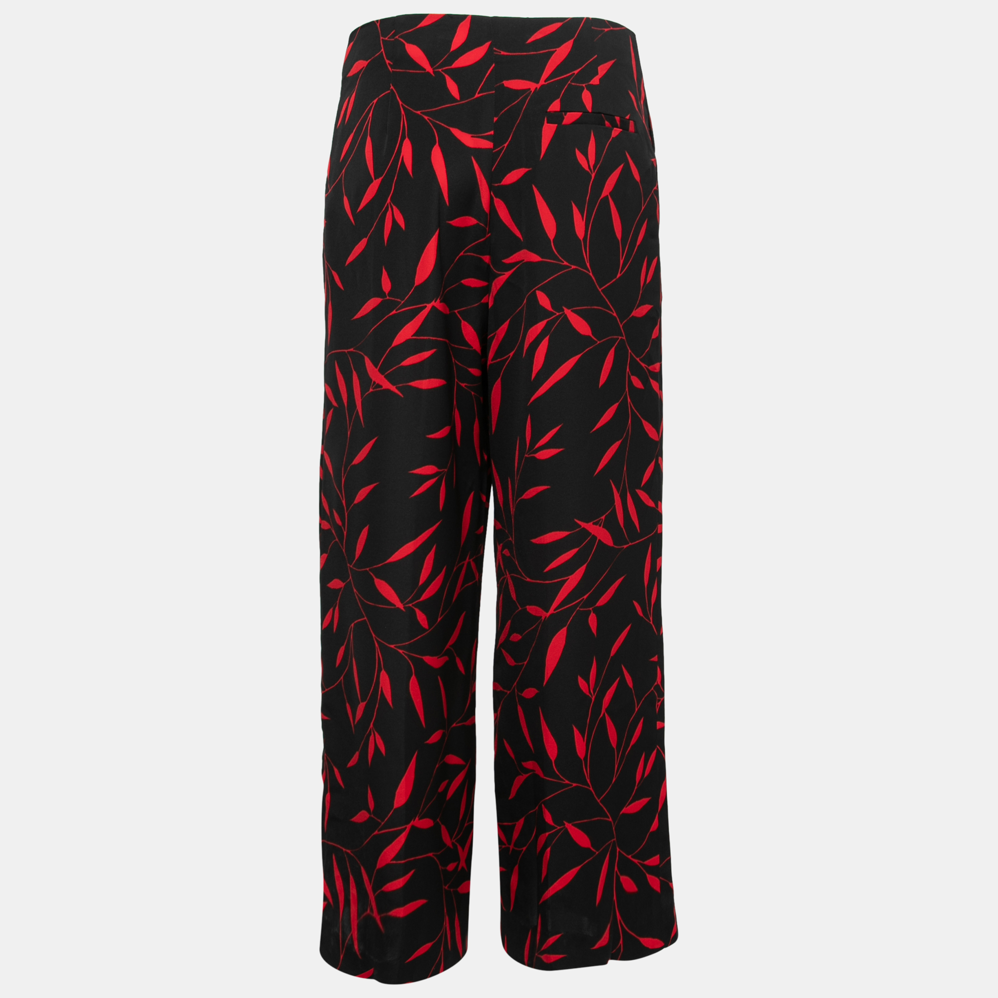 Diane Von Furstenberg Black & Red Printed Stretch Crepe Wide Leg Trousers M