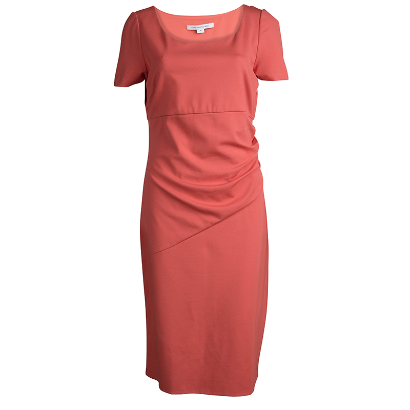 Diane Von Furstenberg Coral Red Stretch-Cady Gathered Bevina Dress L