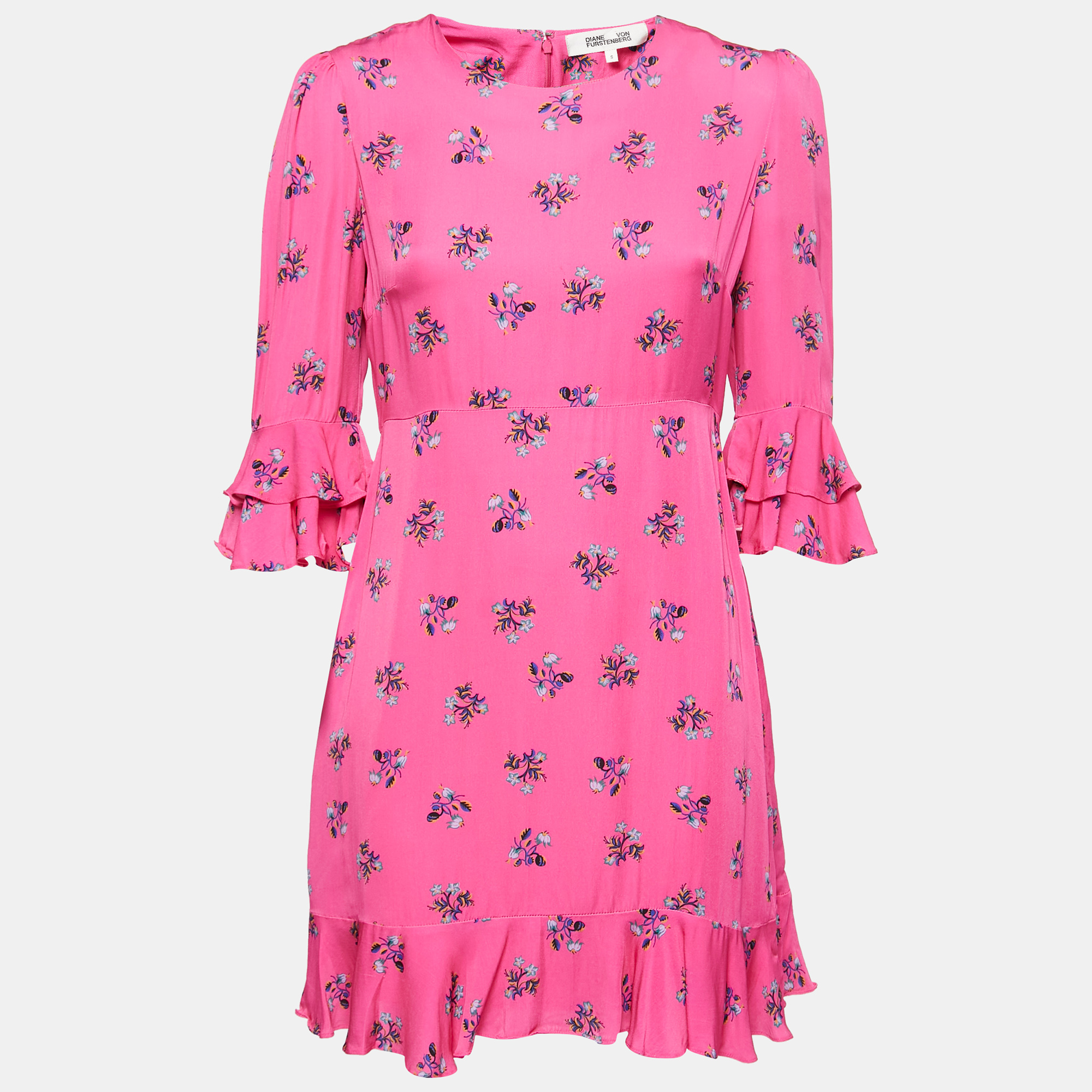 Diane Von Furstenberg Pink Floral All-Over Motif Crepe Ruffle Detail Mini Dress S