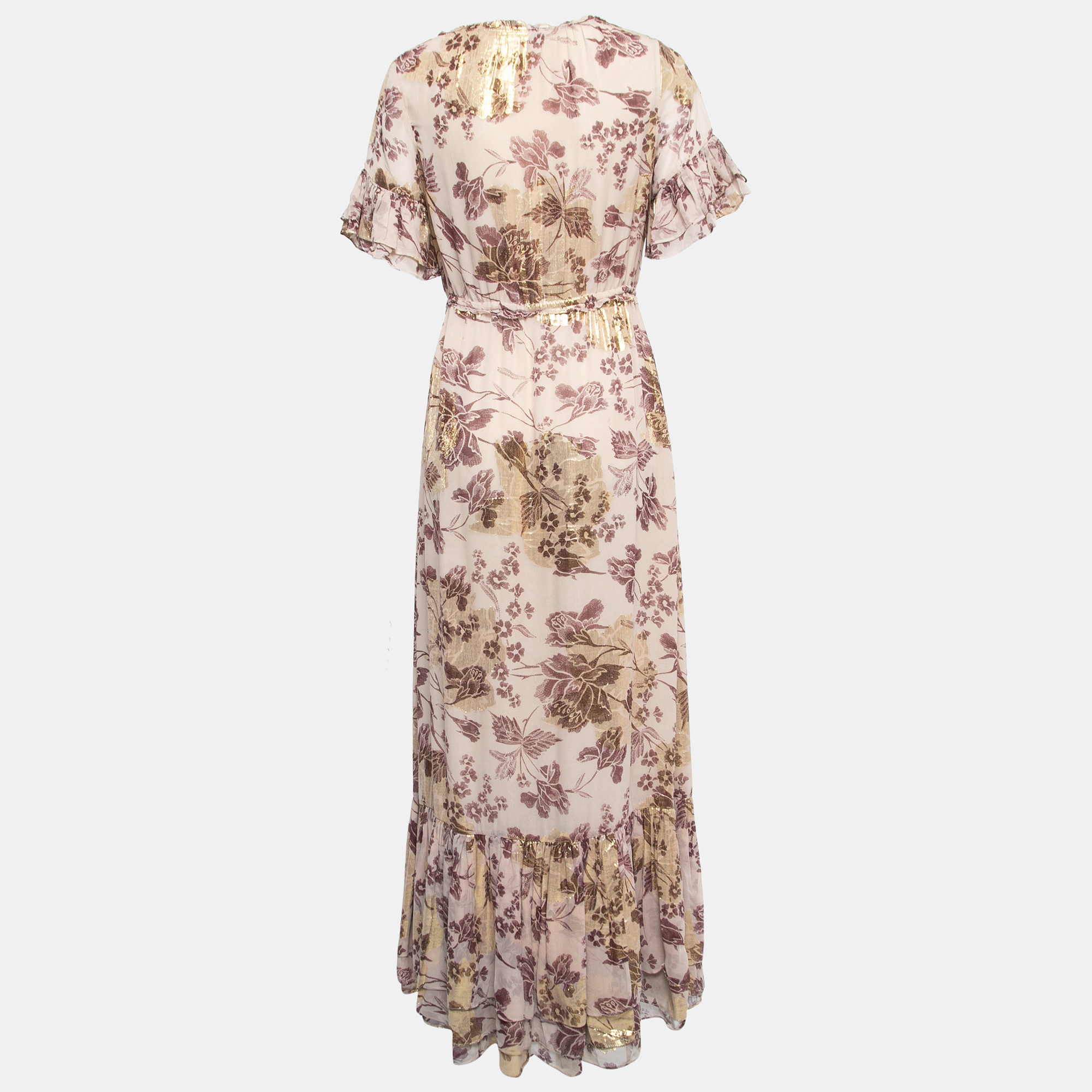 

Diane Von Furstenberg Dusty Pink Printed Silk & Lurex Ruffle Detailed Maxi Dress