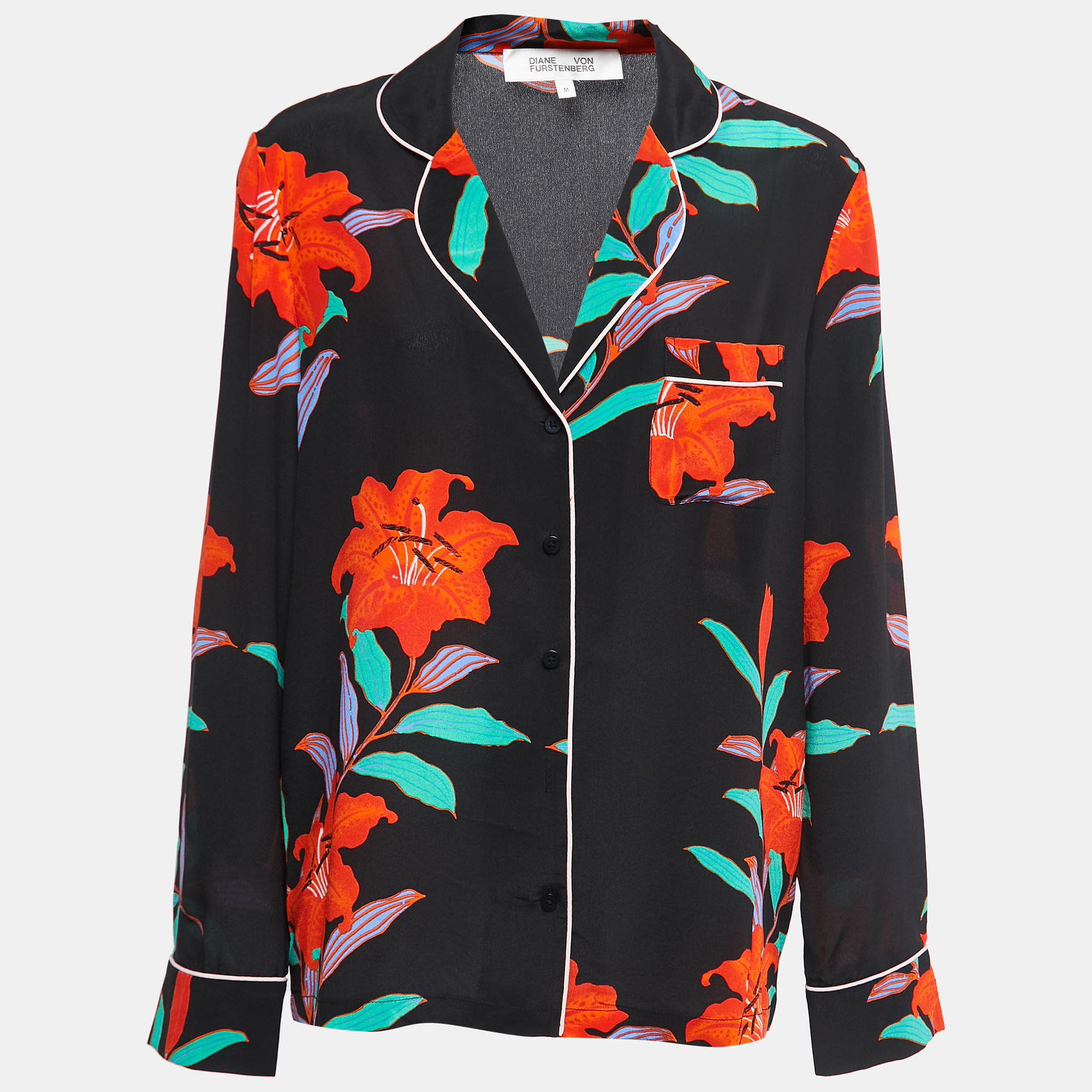 Diane Von Furstenberg Black Floral Printed Silk Pajama Top M