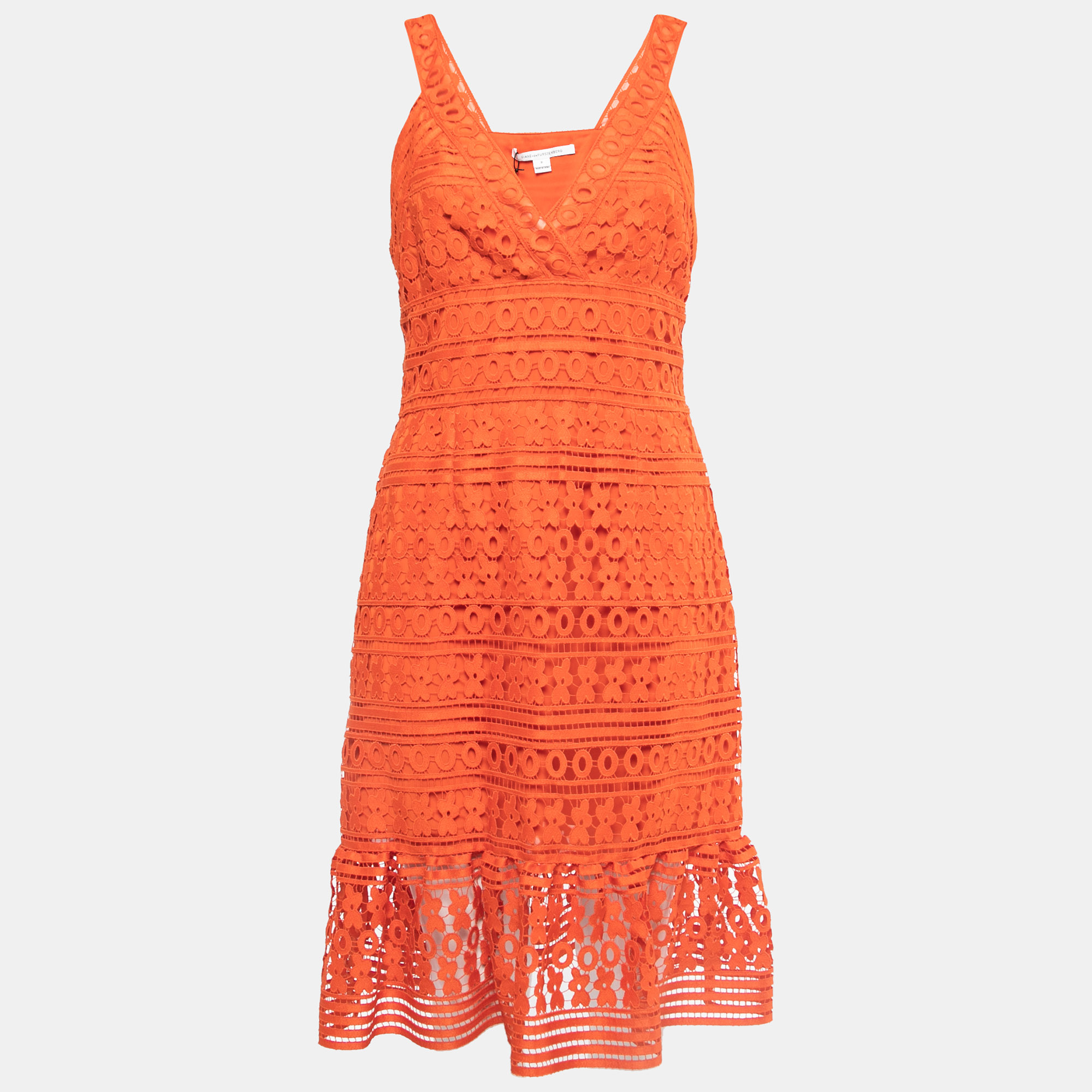 Diane Von Furstenberg Orange Lace Flounce Tiana Sleeveless Dress M