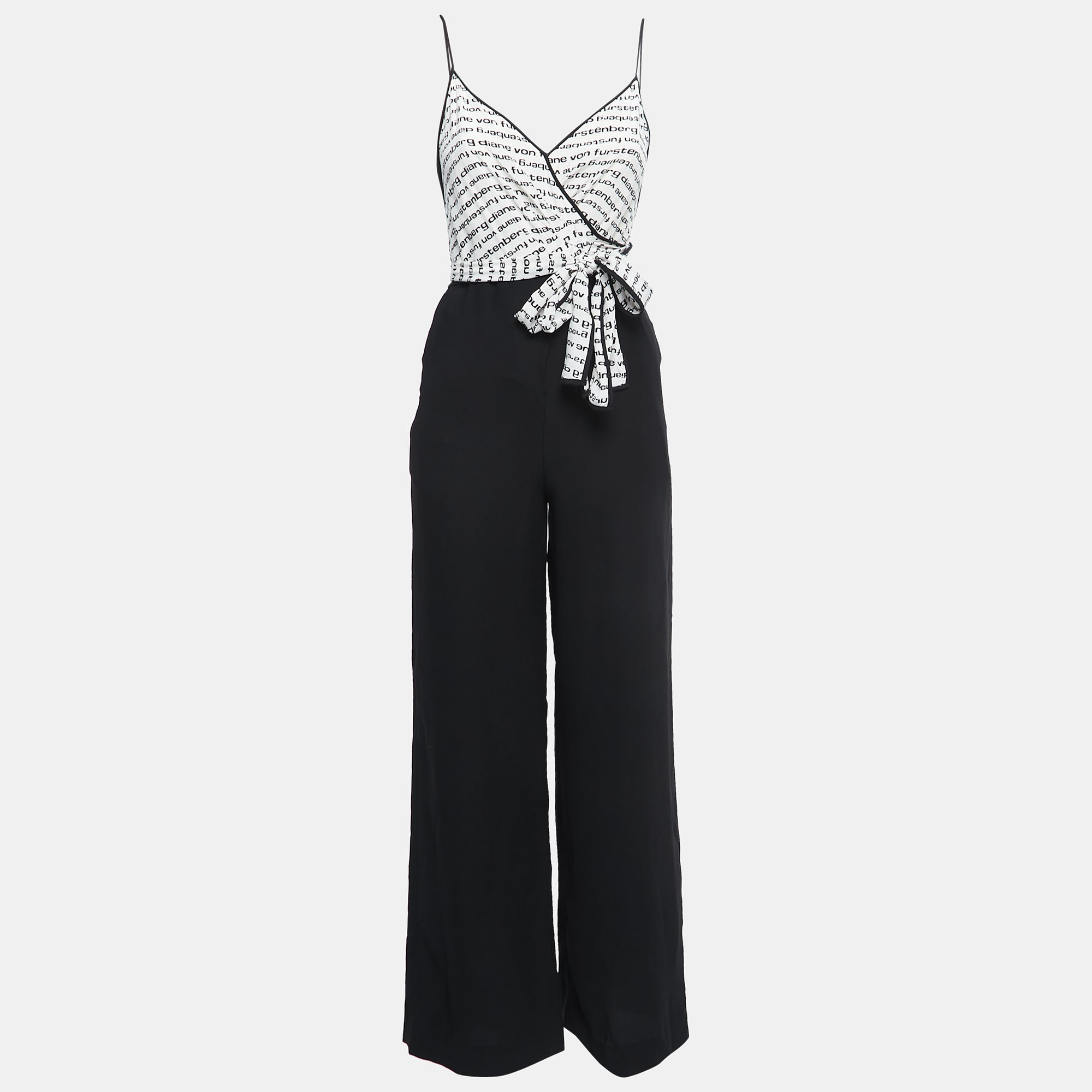 Diane Von Furstenberg Black/White Logo Print Crepe & Silk Wide Leg Back Tie Detail Strappy Jumpsuit XXS