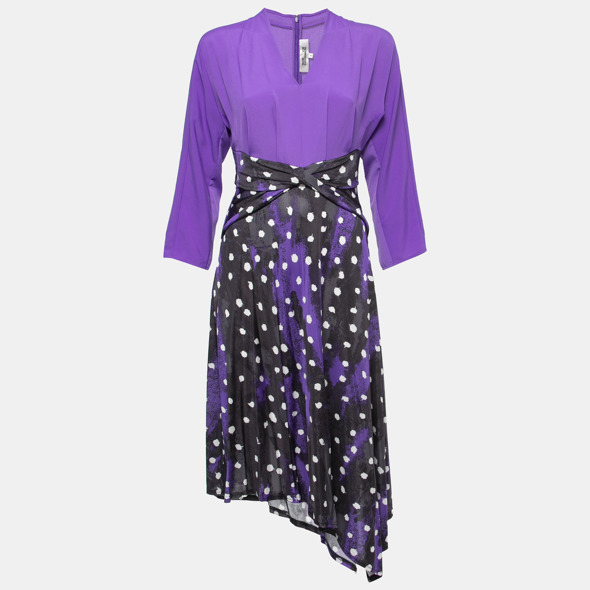 Diane Von Furstenberg Purple Printed Jersey & Crepe Long Sleeve Asymmetrical Midi Dress S