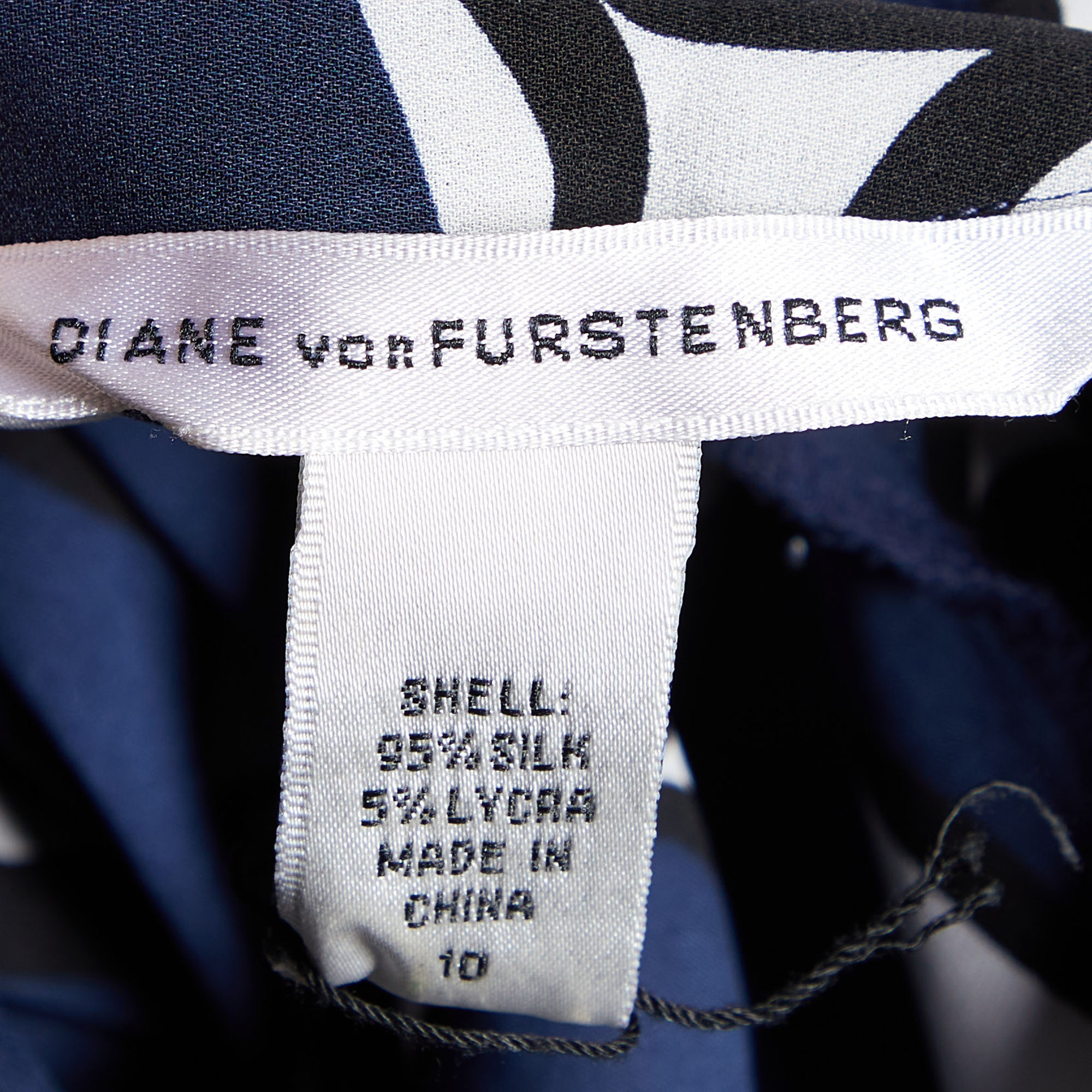 Diane Von Furstenberg Navy Blue Printed Silk Top L