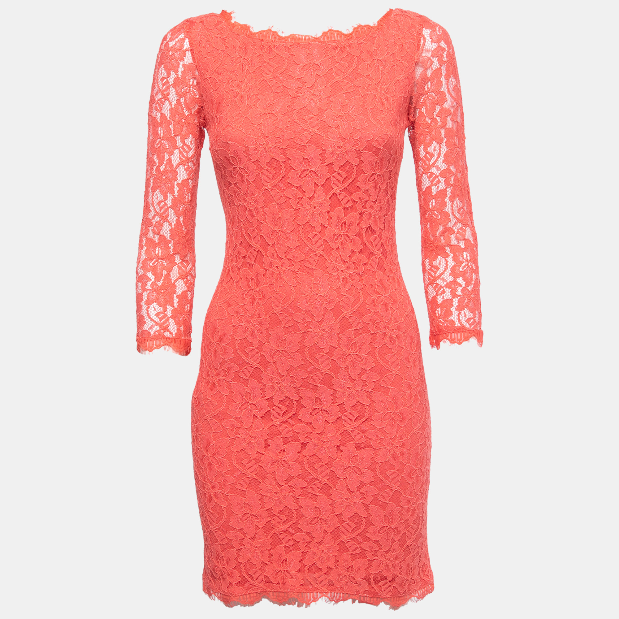 Diane Von Furstenberg Coral Pink Lace Long Sleeve Mini Dress S