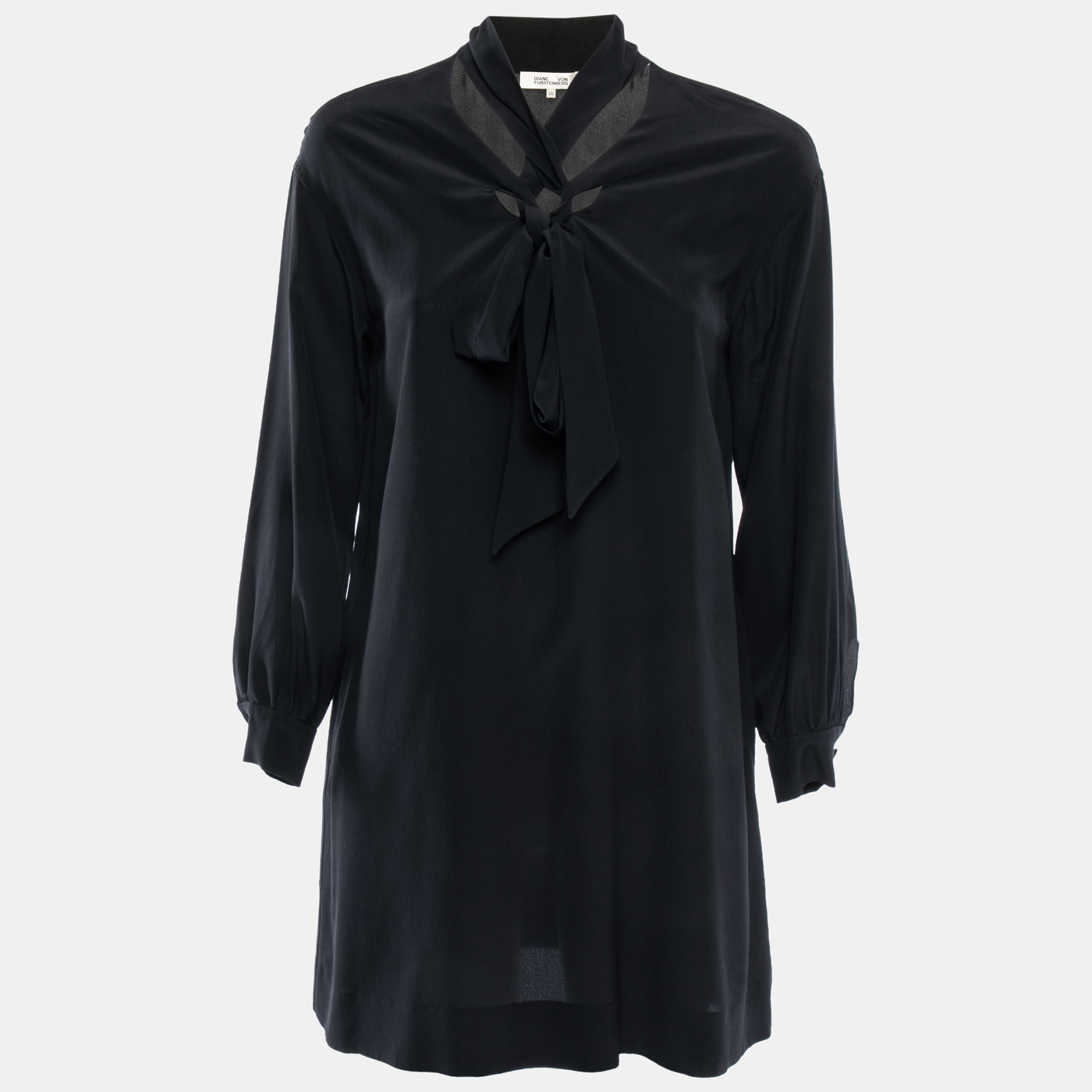 

Diane Von Furstenberg Black Silk Neck Tie Detail Flared Mini Dress