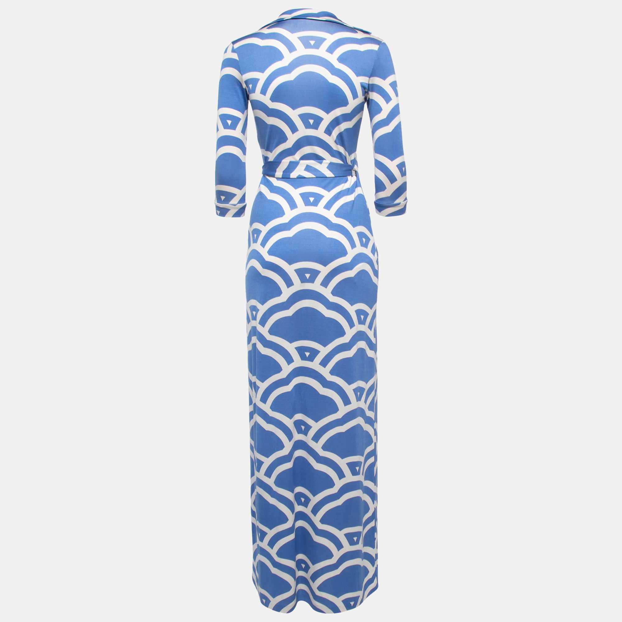 

Diane Von Furstenberg Blue Patterned Silk Knit Long Sleeve Wrap Maxi Dress
