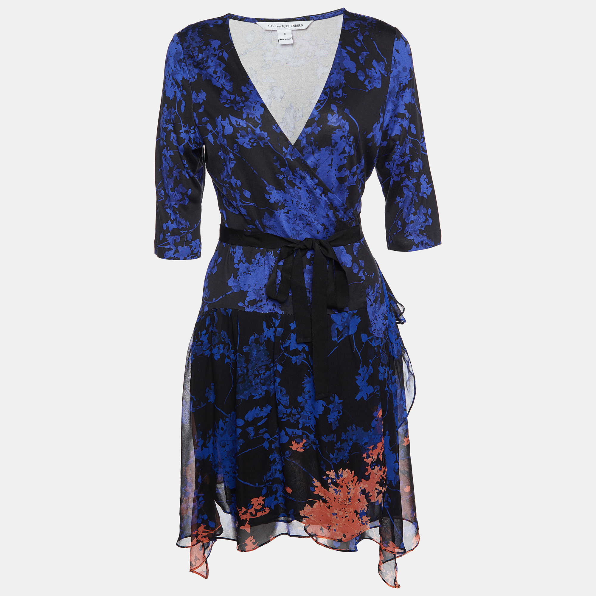 Diane Von Furstenberg Black & Navy Blue Floral Printed Knit & Chiffon Riviera Wrap Dress M