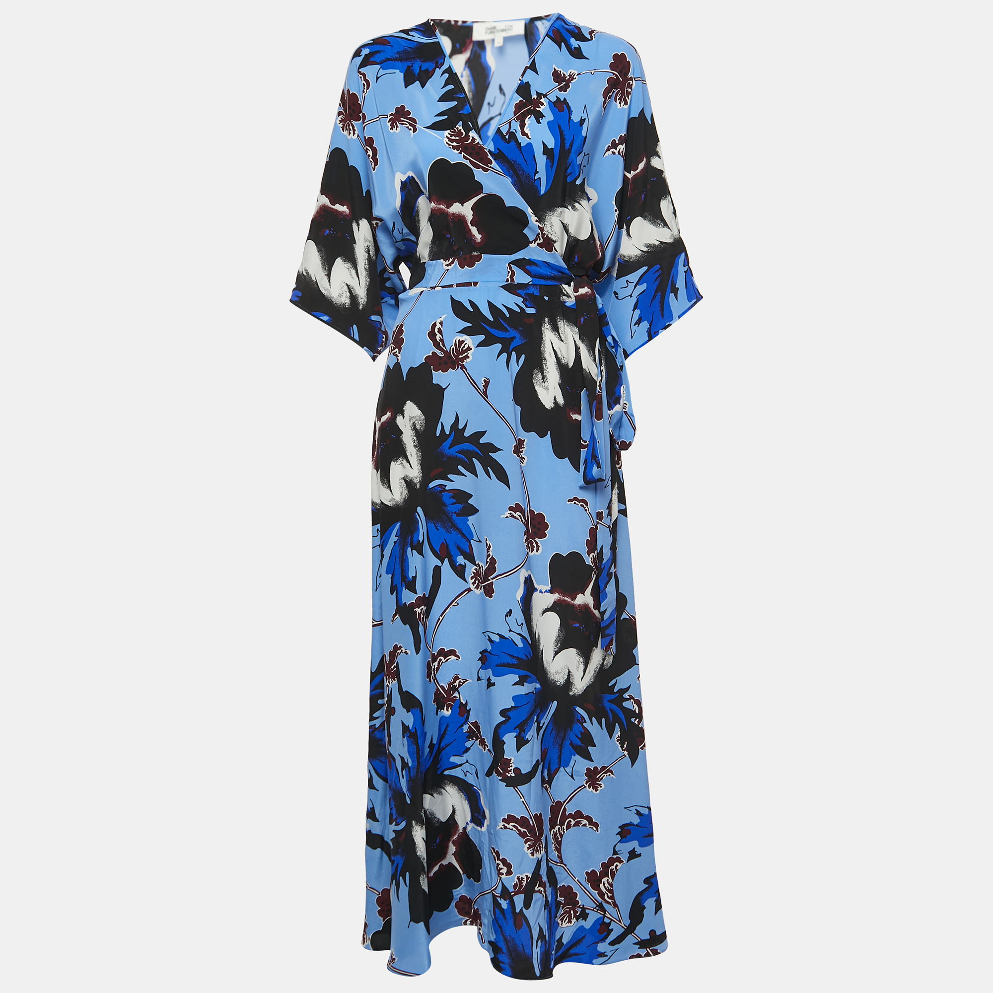 Diane Von Furstenberg Blue Floral Print Silk Wrap Dress L