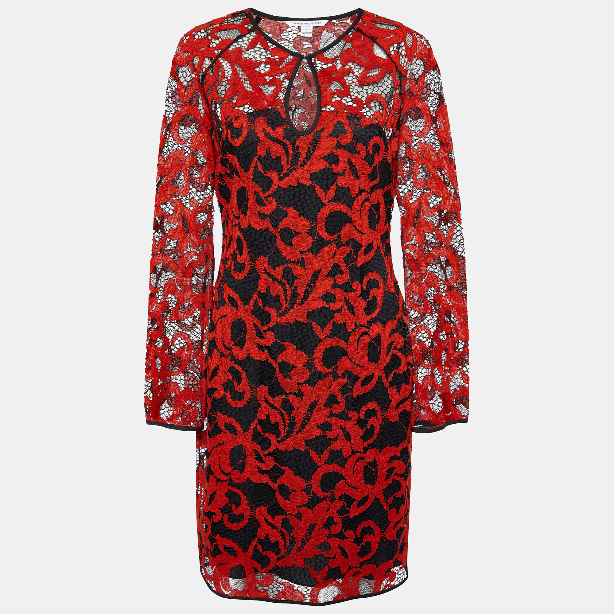 Diane von furstenberg red & black lace gadie mini dress m