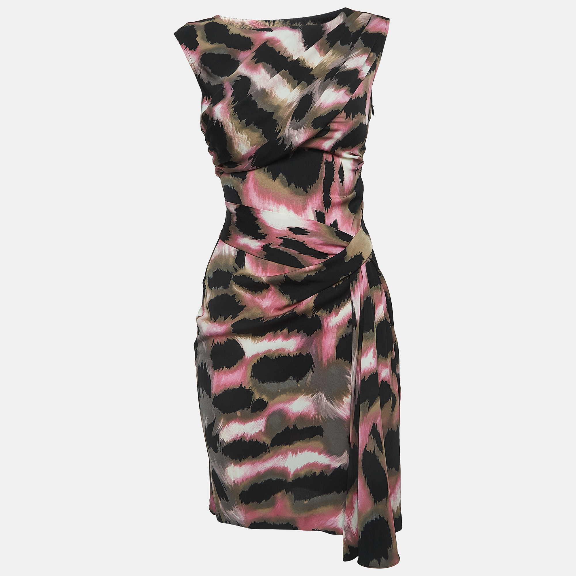 Diane Von Furstenberg Black/Pink Print Silk Draped Sleeveless Short Dress XS