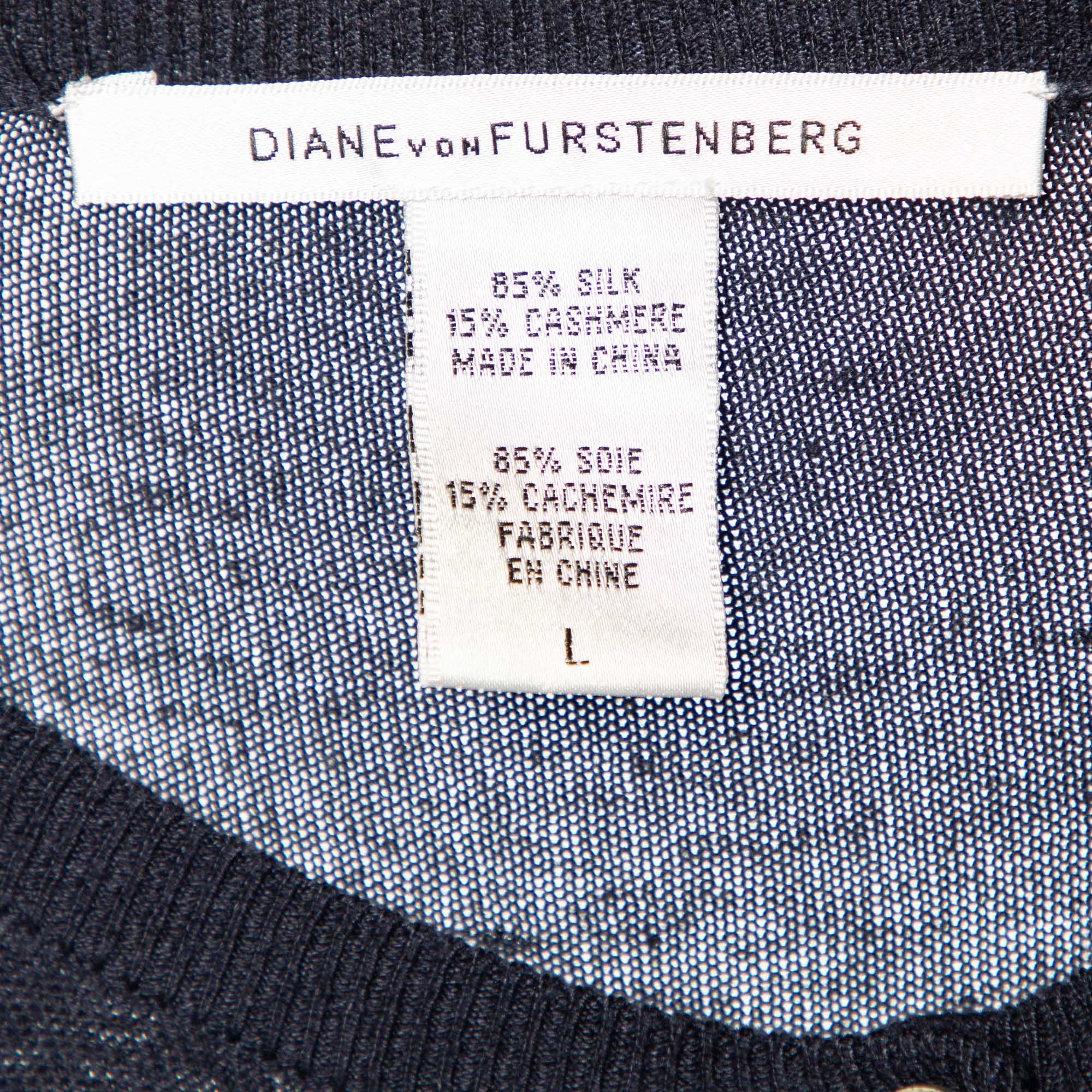 Diane Von Furstenberg Navy Blue Silk & Cashmere Knit Ruched Cardigan L