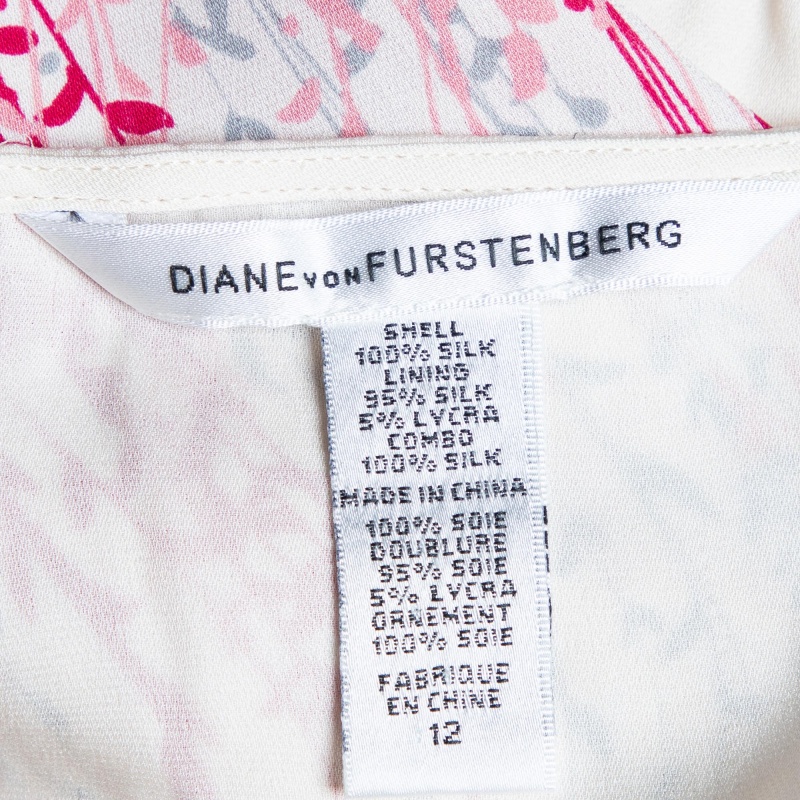 Diane Von Furstenberg Cream Floral Printed Silk Chiffon & Satin Lined Belted Kittine Dress L