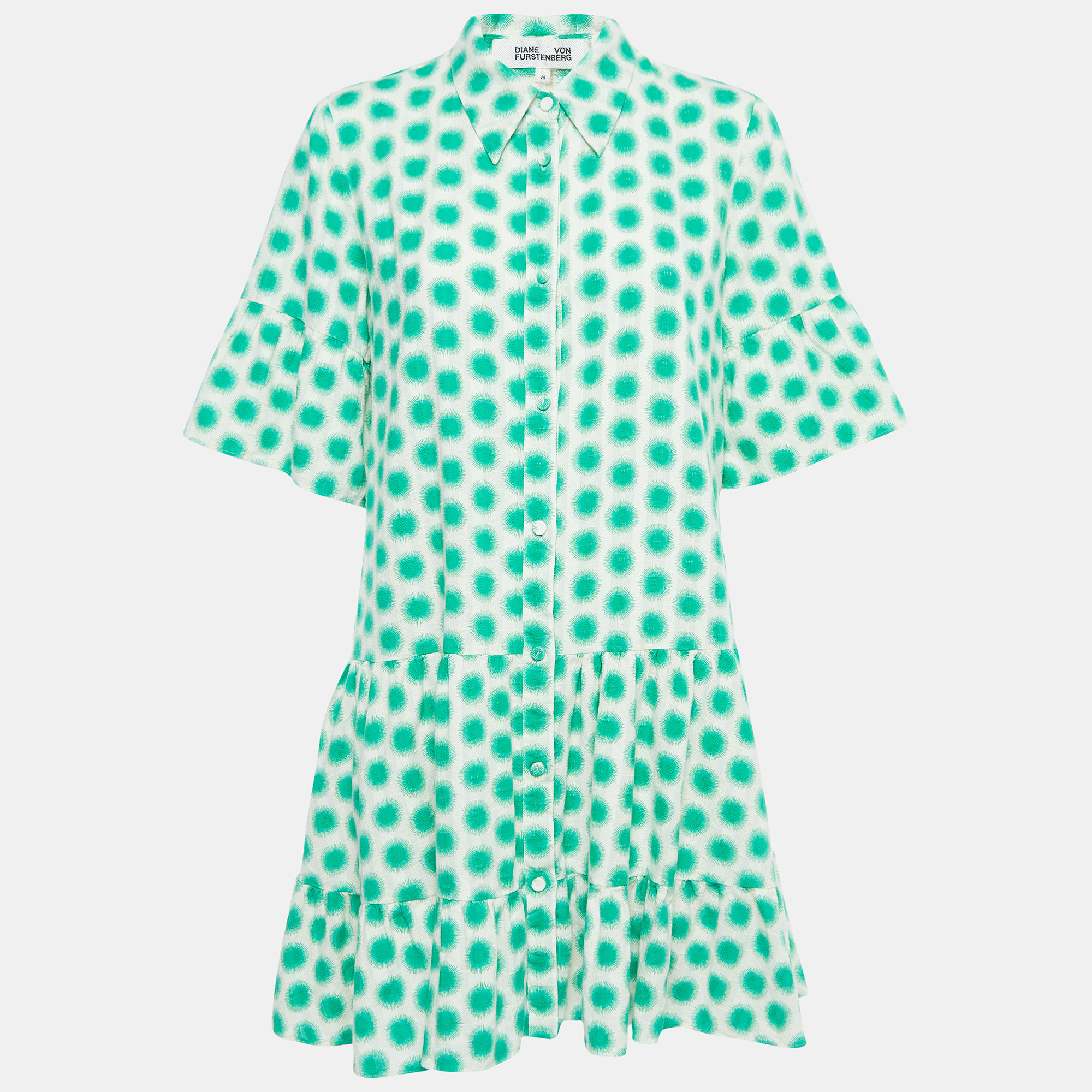 Diane Von Furstenberg Cream/Green Print Cotton Button Front Mini Dress M