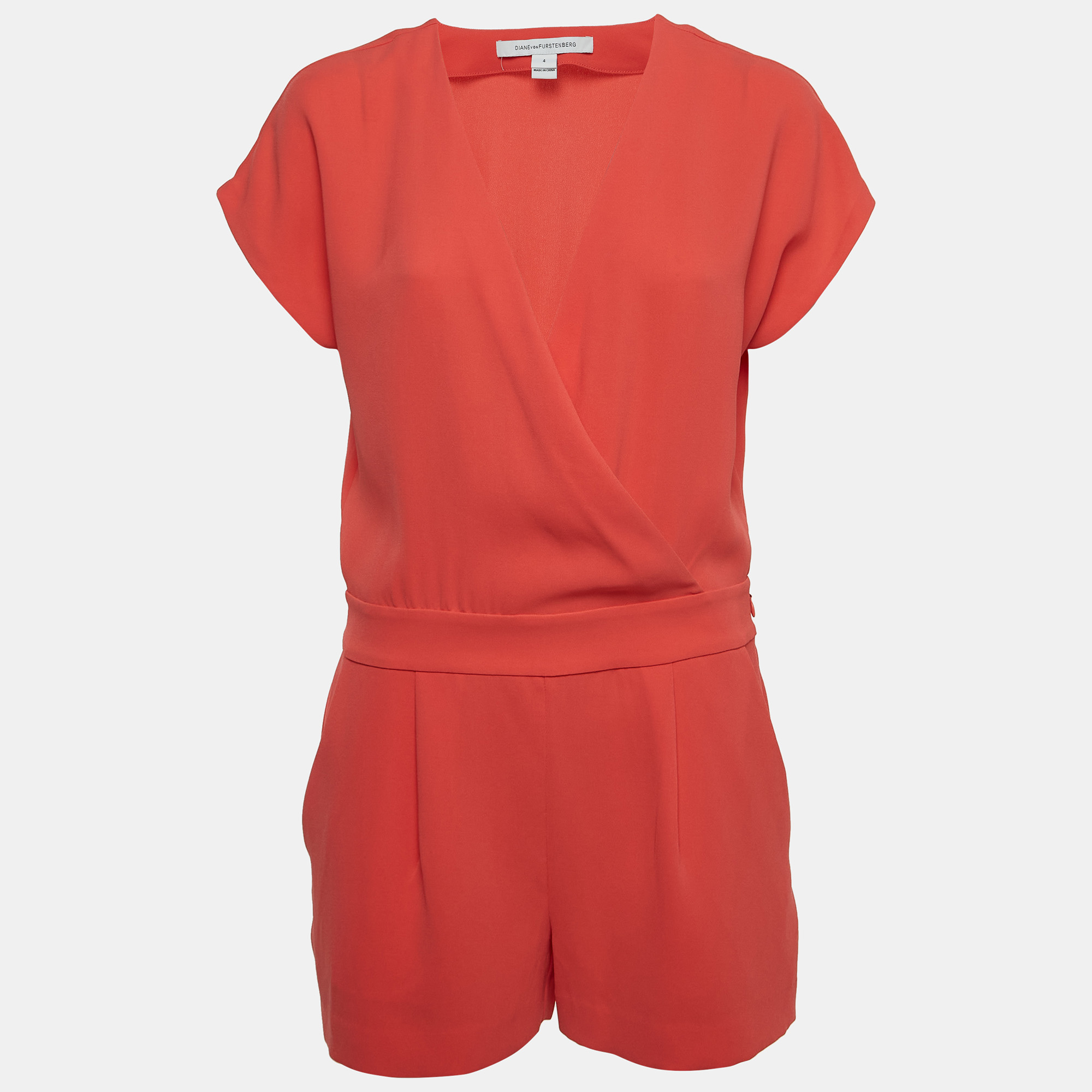 Diane von furstenberg diane von furstenburg coral pink pleated crepe short sleeve playsuit s