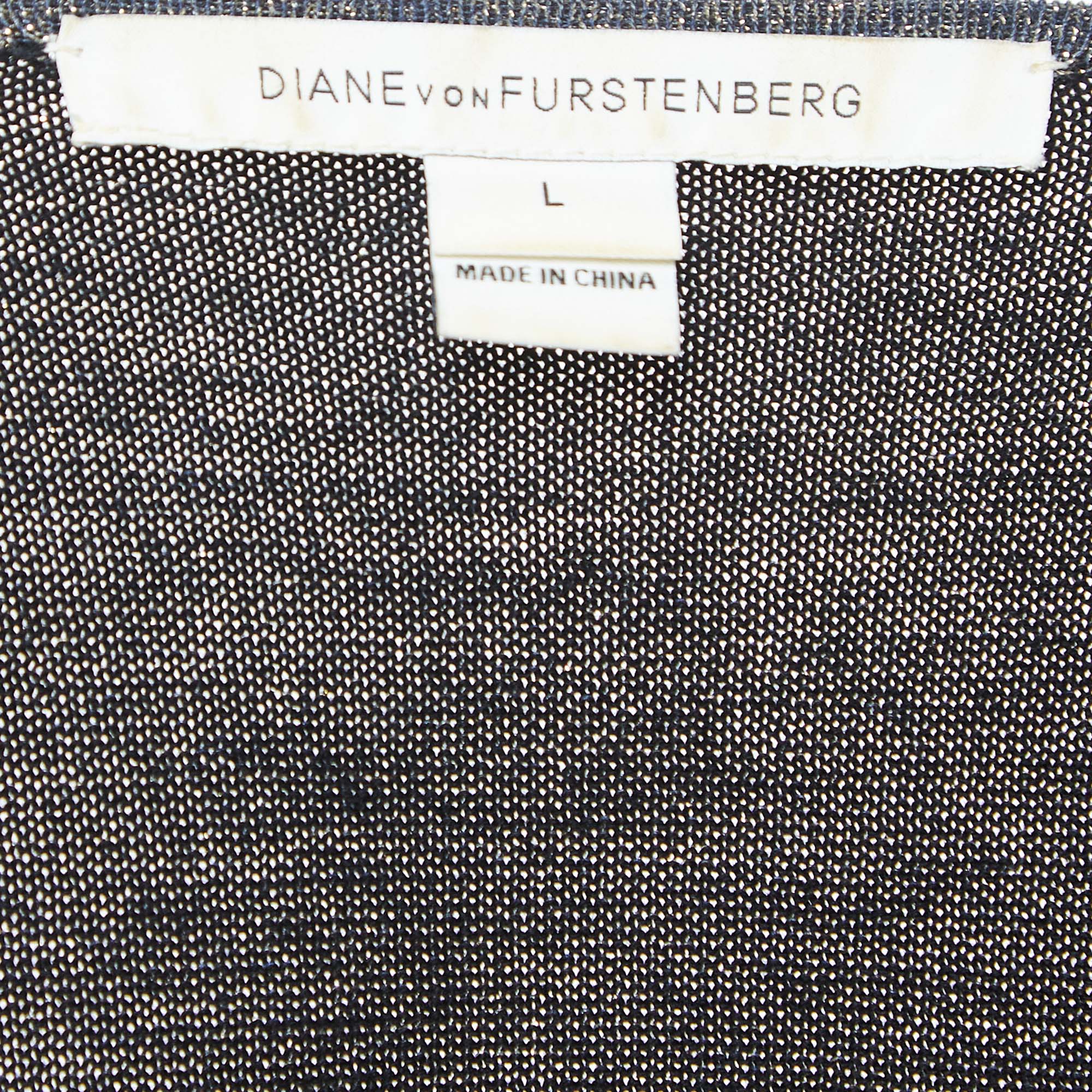 Diane Von Furstenberg Navy Blue Lurex Knit Evelyn Wrap Dress L
