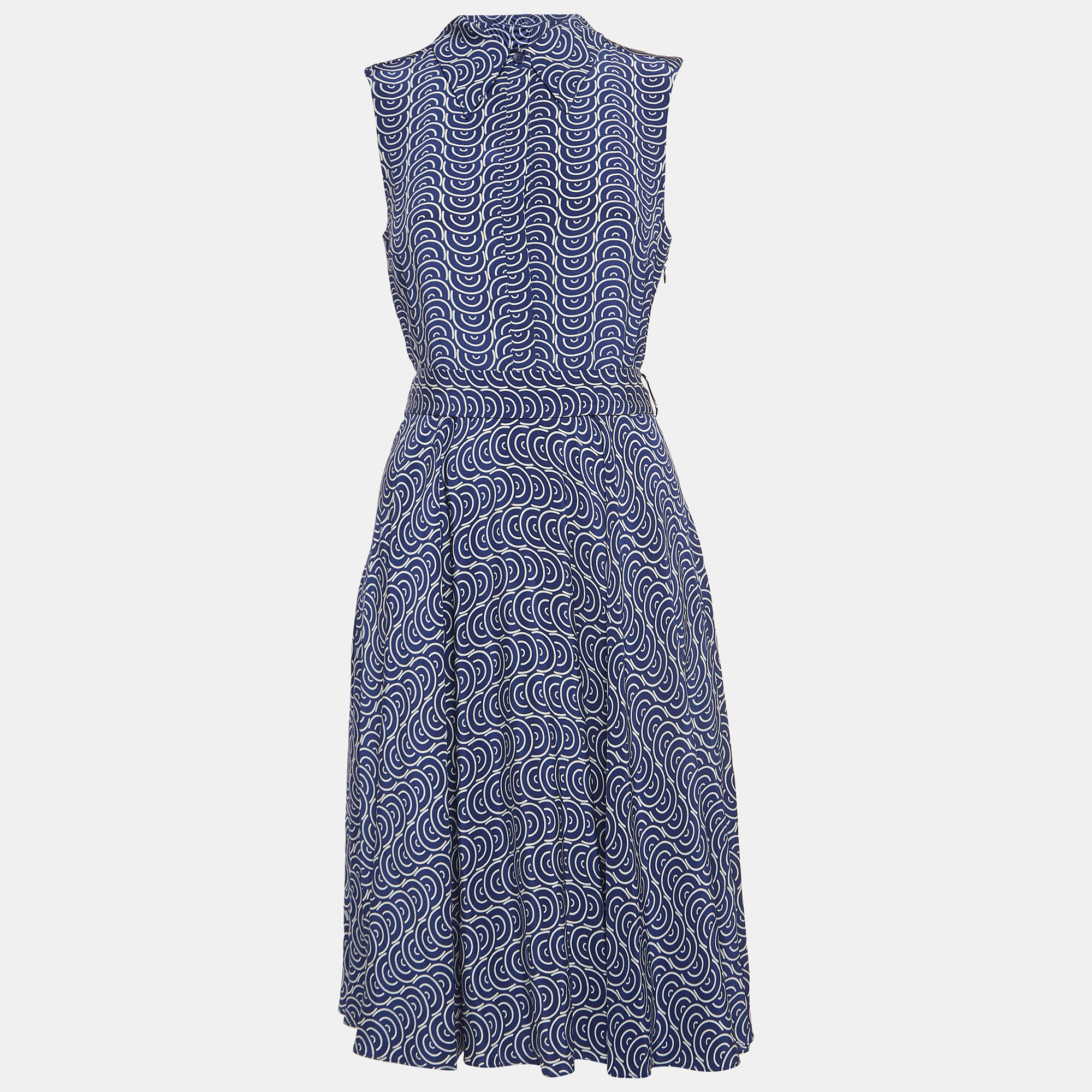 Diane von furstenberg blue printed silk belted mid dress s