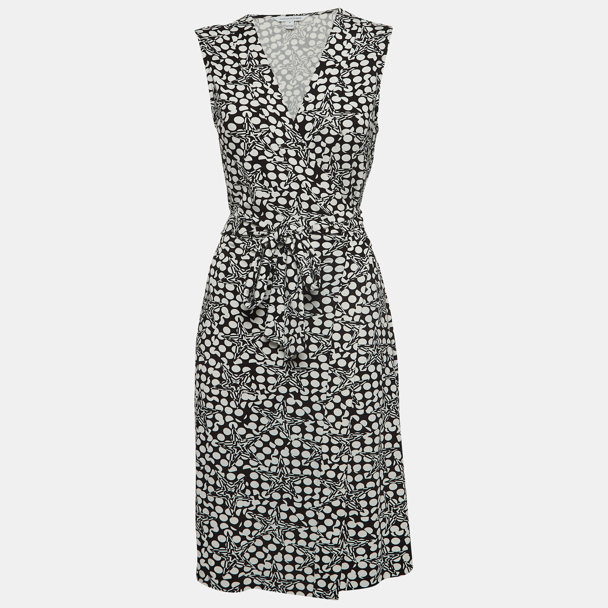 Diane von furstenberg black/white geometric print jersey midi wrap dress l