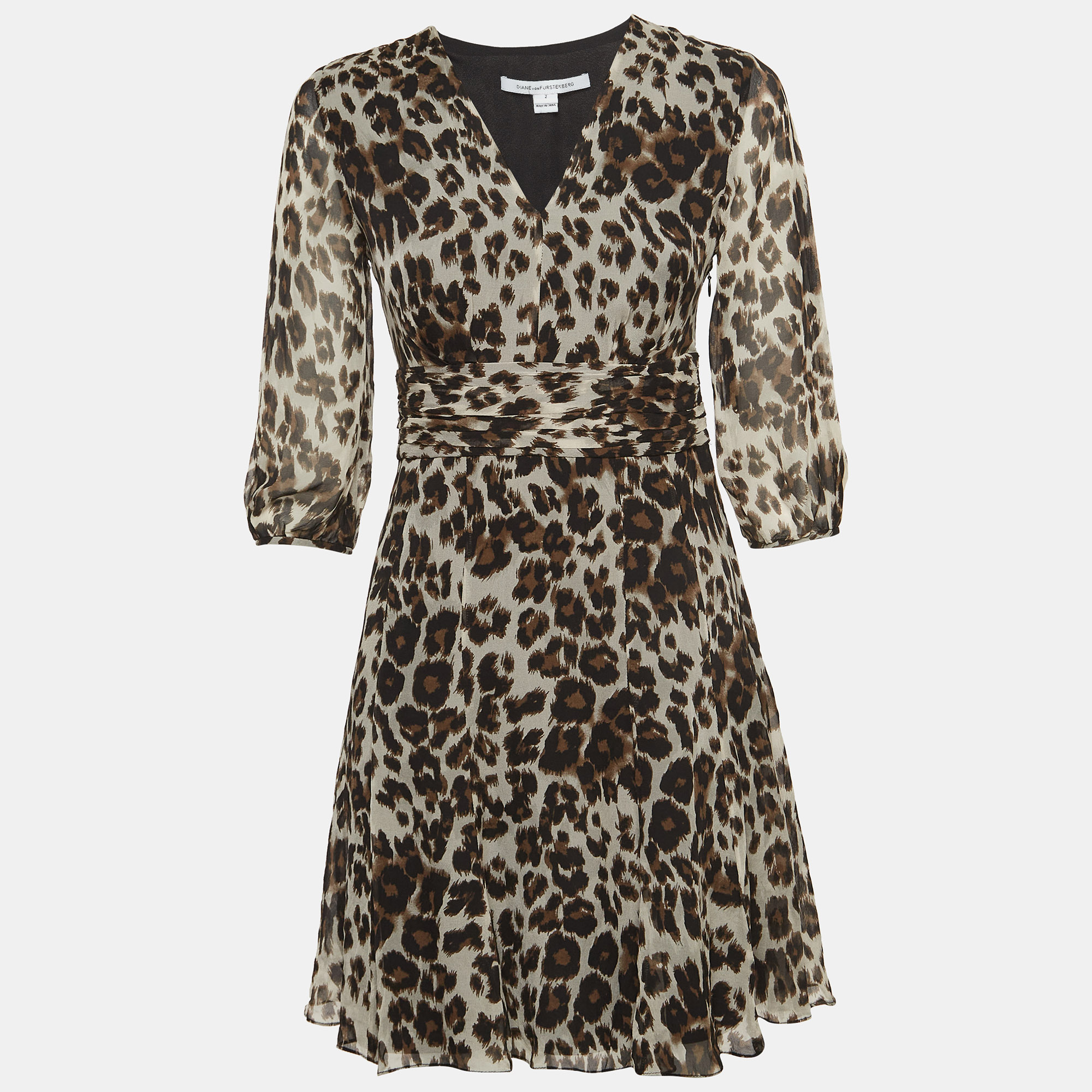Diane von furstenberg brown leopard print silk flared mini dress s