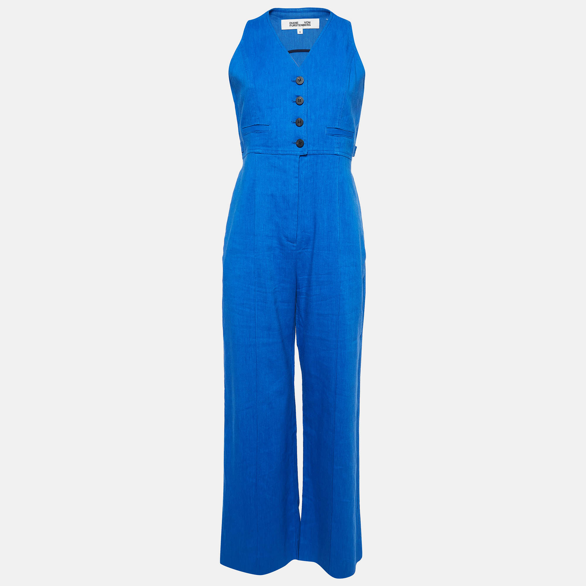Diane von furstenberg blue linen blend sleeveless v-neck jumpsuit m
