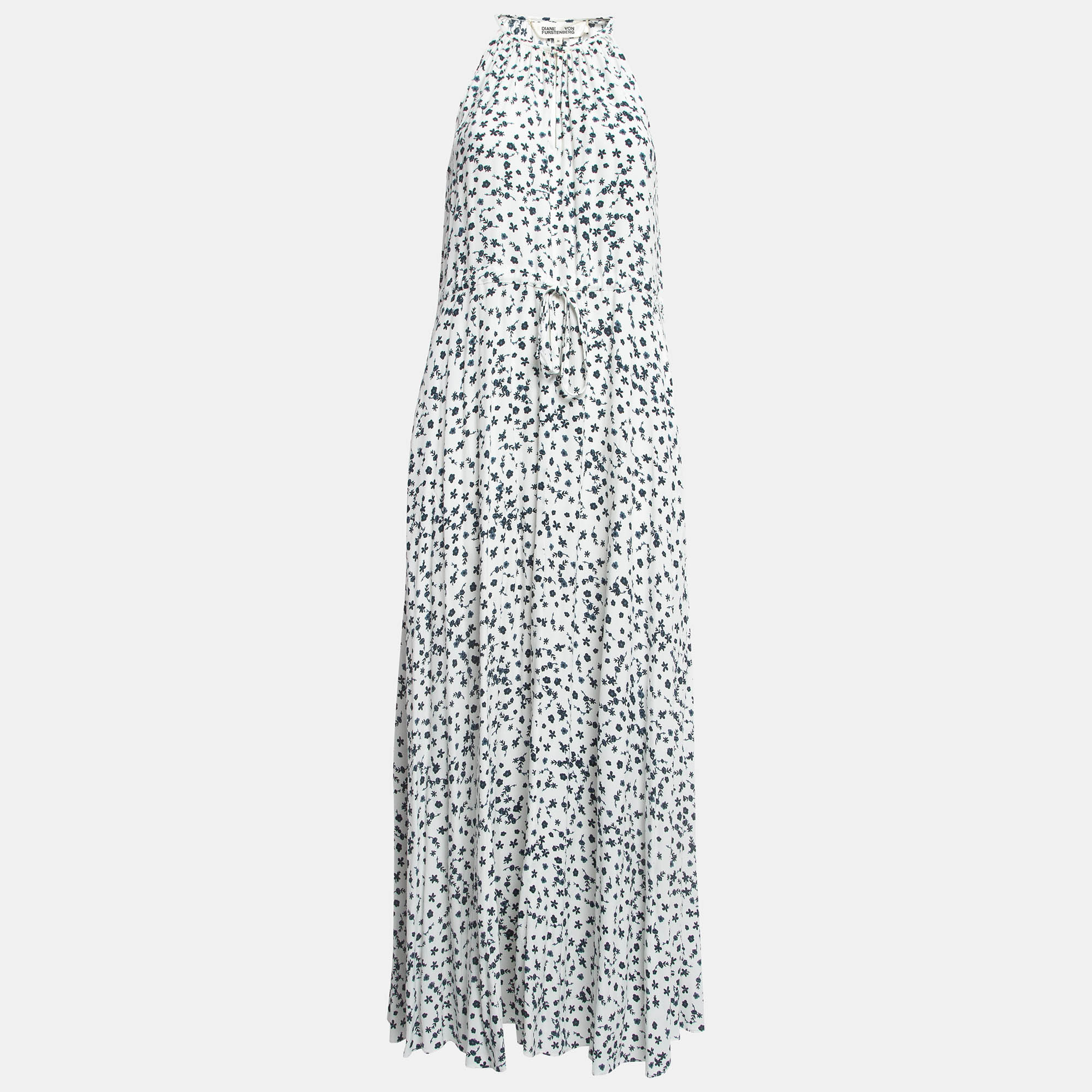 Diane von furstenberg white floral print crepe drawstring waist maxi dress m