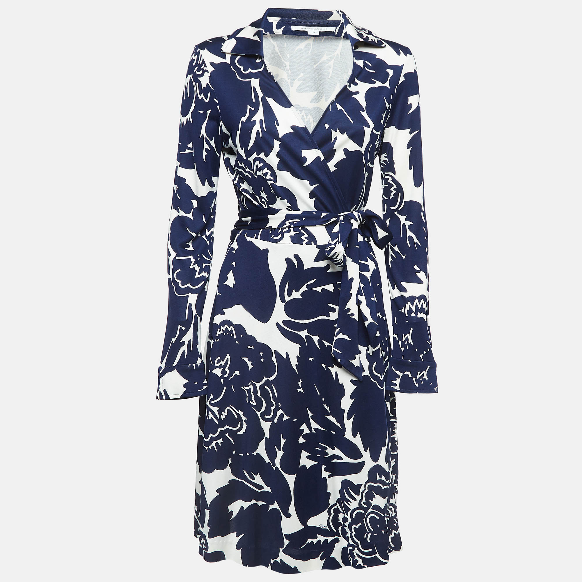 Diane von furstenberg  navy blue floral printed jersey midi wrap dress l