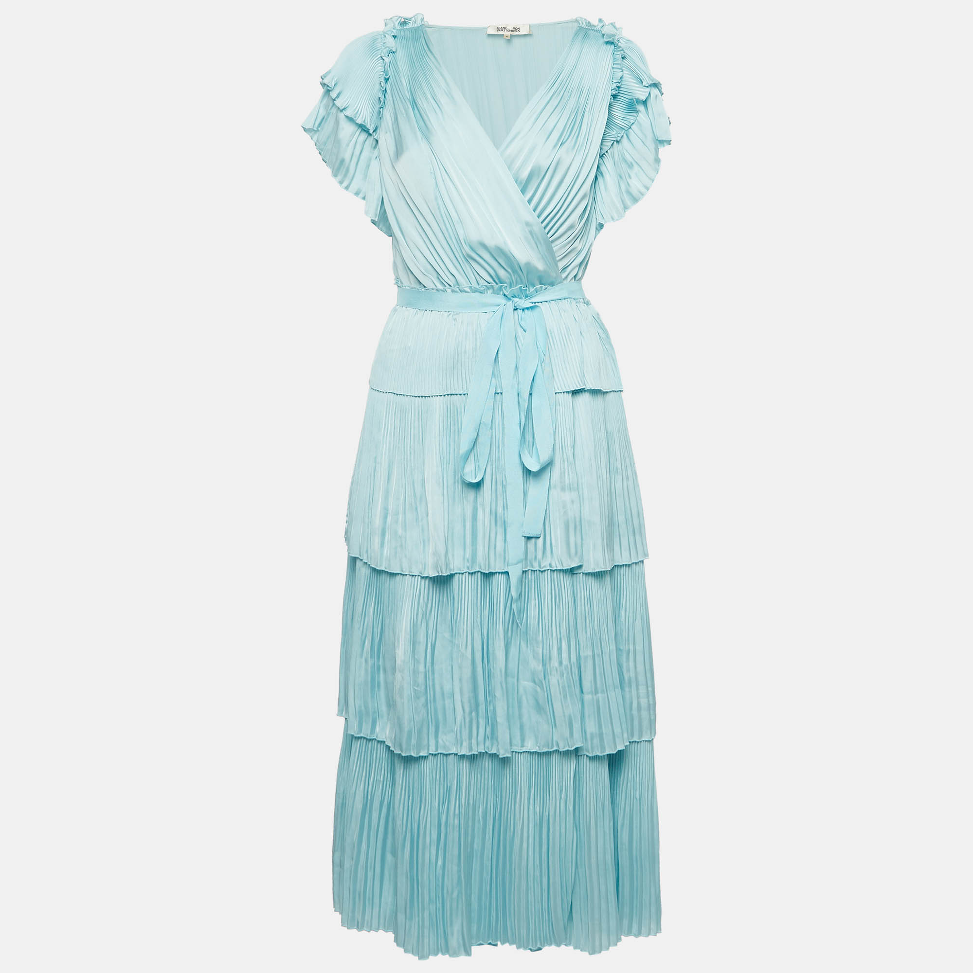 Diane von furstenberg blue satin plisse tiered wrap dress m
