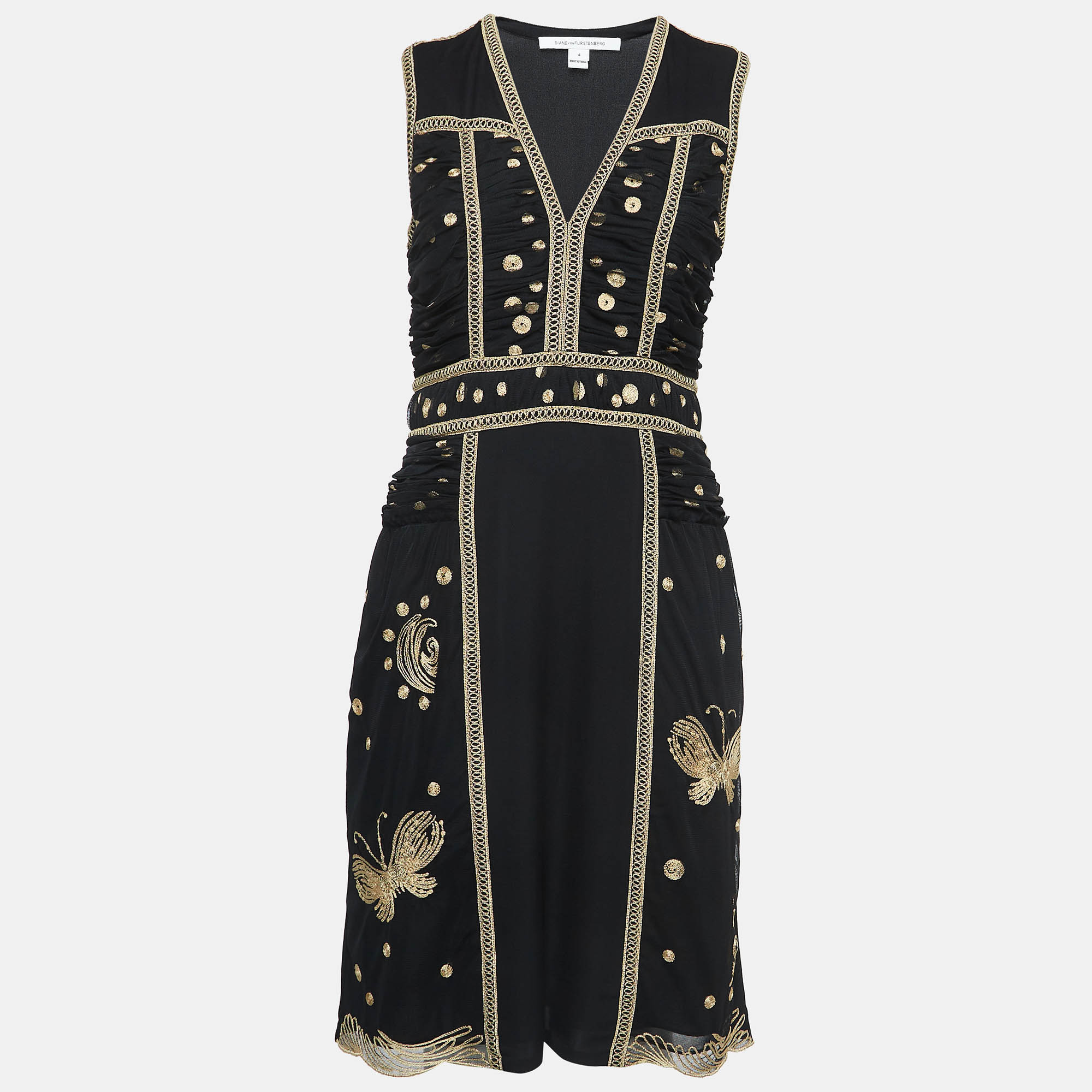 Diane von furstenberg black embroidered mesh and silk sleeveless tyche dress s