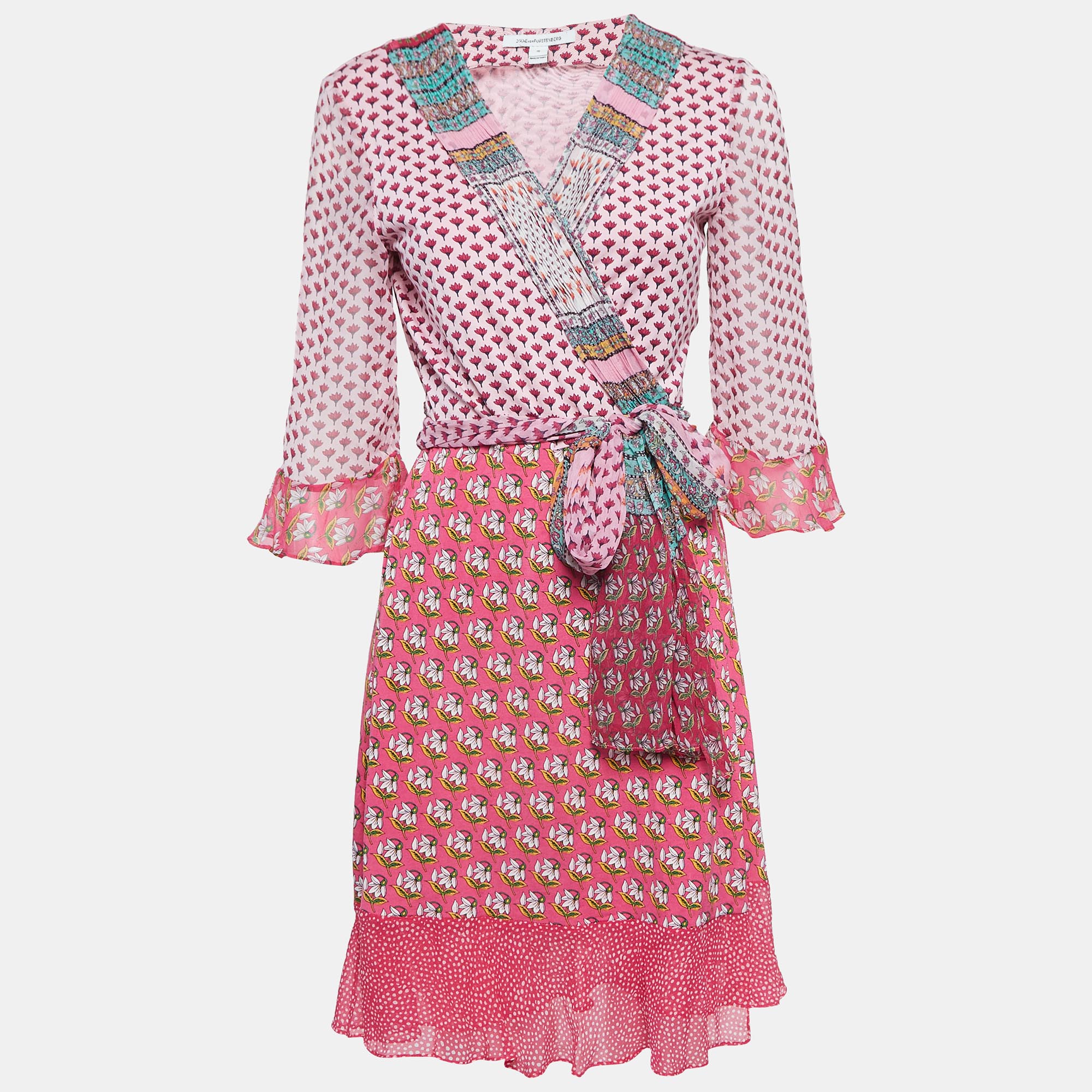Diane von furstenberg pink floral print silk jersey wrap dress l