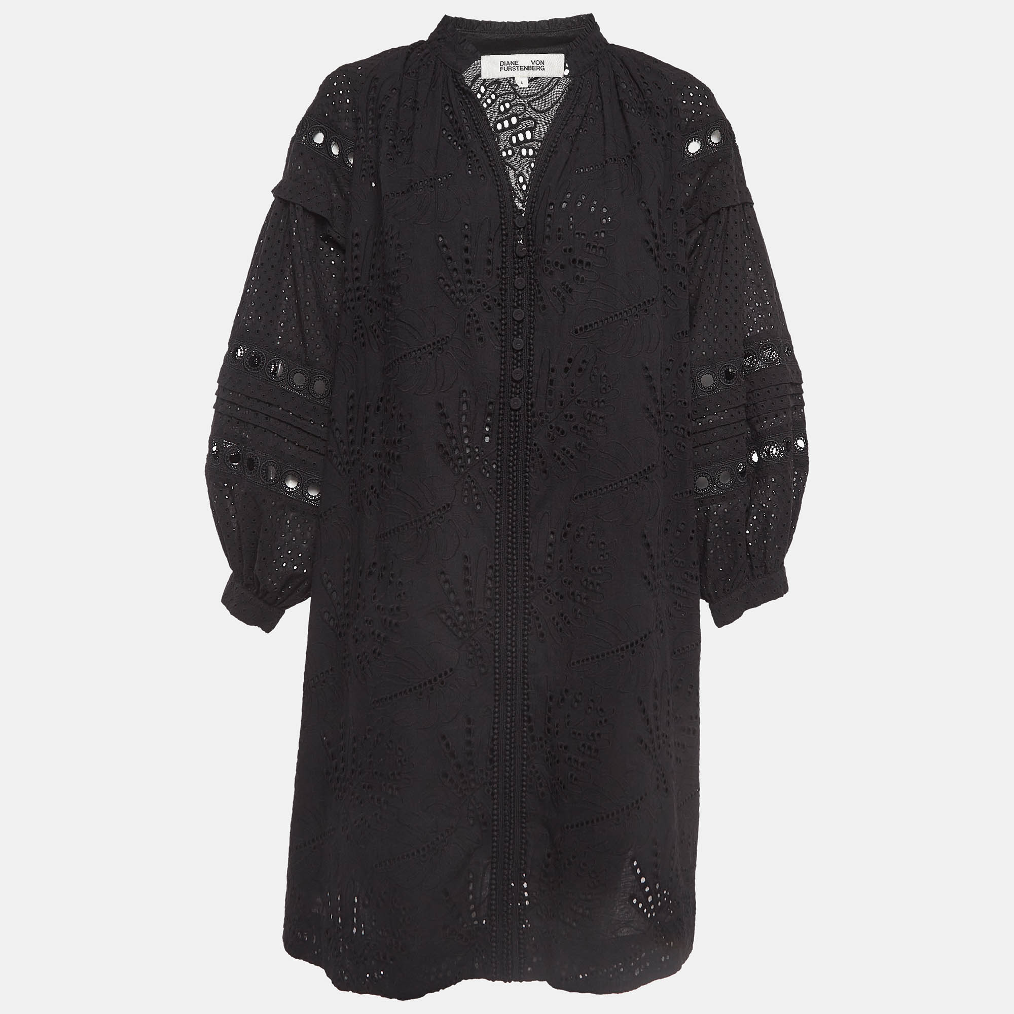 Diane von furstenberg black nicolette broderie anglaise cotton mini dress l