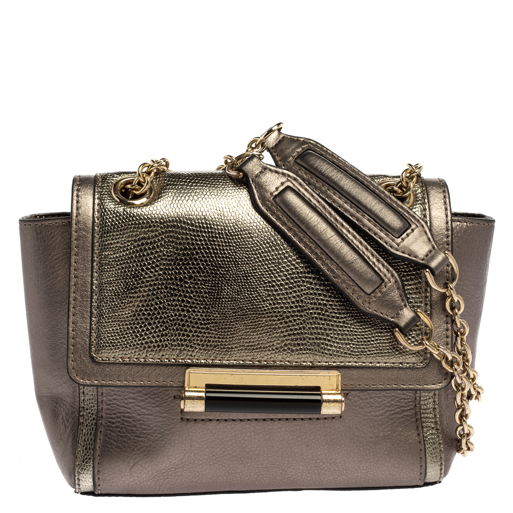 Diane Von Furstenberg Metallic Grey Lizard Embossed Leather and Leather Mini 440 Shoulder Bag