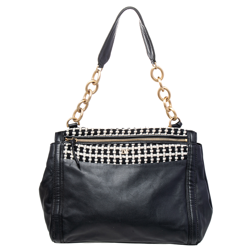 Diane Von Furstenberg Black Leather And Fabric Shoulder Bag