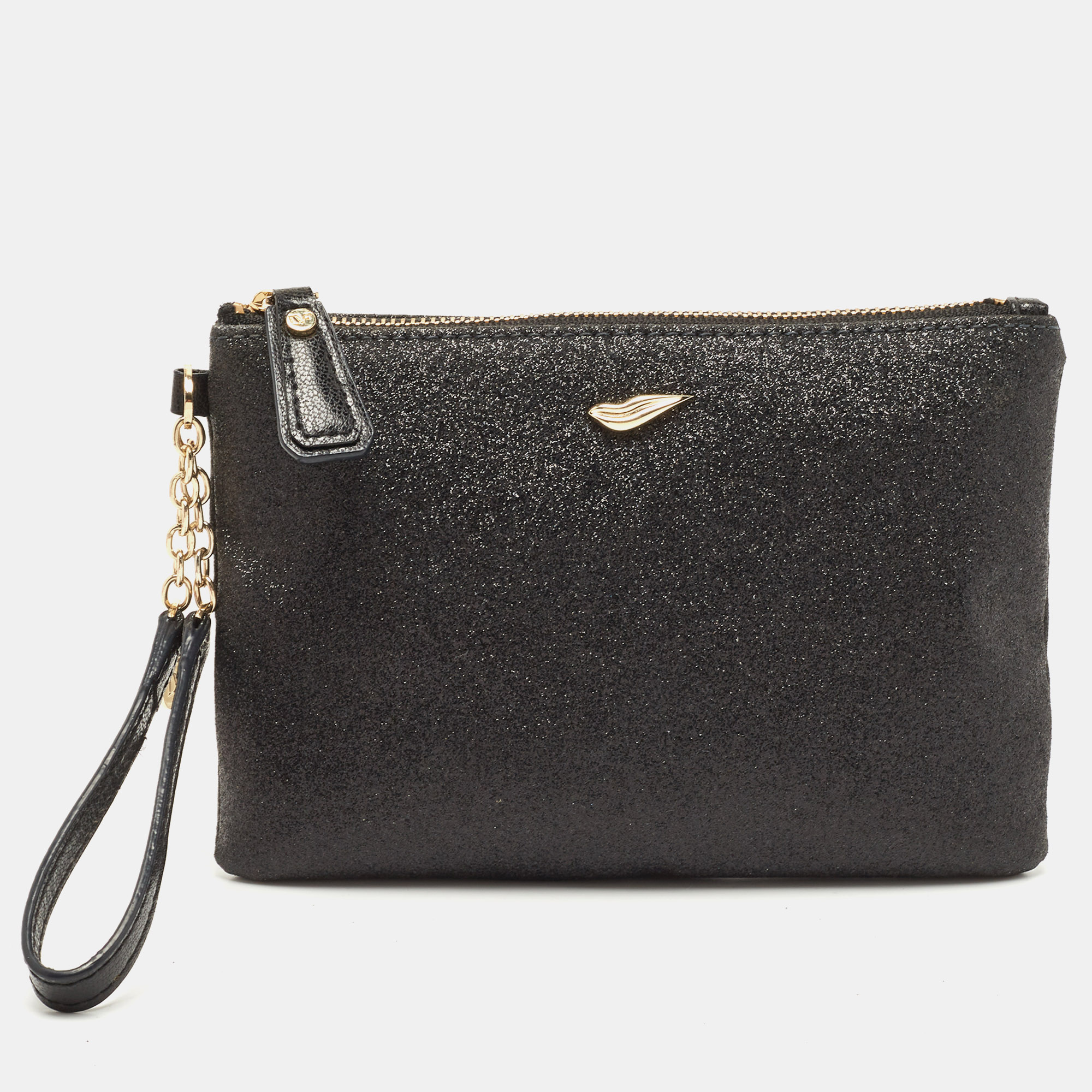 Diane Von Furstenberg Black Glitter Fabric Glitterati Wristlet Pouch